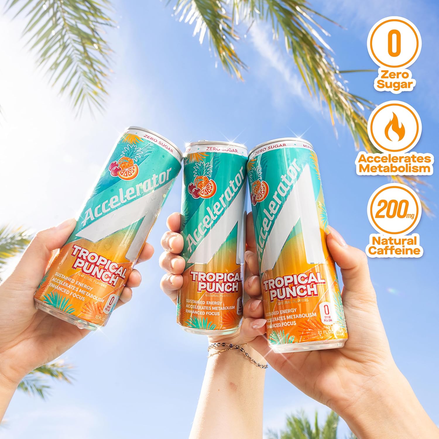 Accelerator Energy Drink, Tropical Punch, 12oz can (12 pack), Zero Sugar, Sustained Energy from 100% Natural Caffeine (200mg from Green Coffee Bean & Green Tea extract)