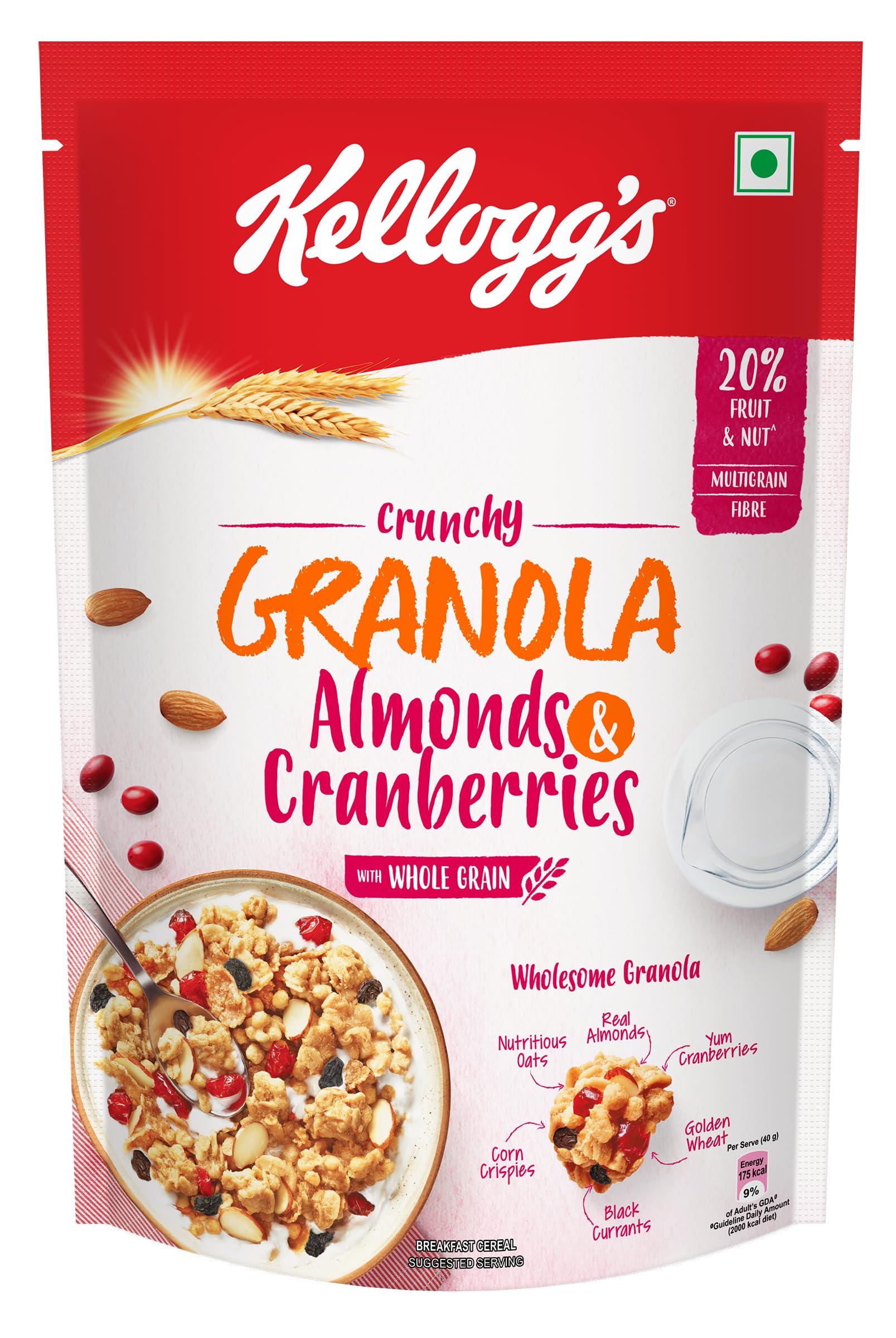 Kellogg's Crunchy Granola Almonds & Cranberries 450g/460g | 24% Fruit & Nut, Baked Multigrain | Whole-grain Oats, Wheat, Corn, Rice and Barley, Source of Fibre | Breakfast Cereal (Weight may vary)