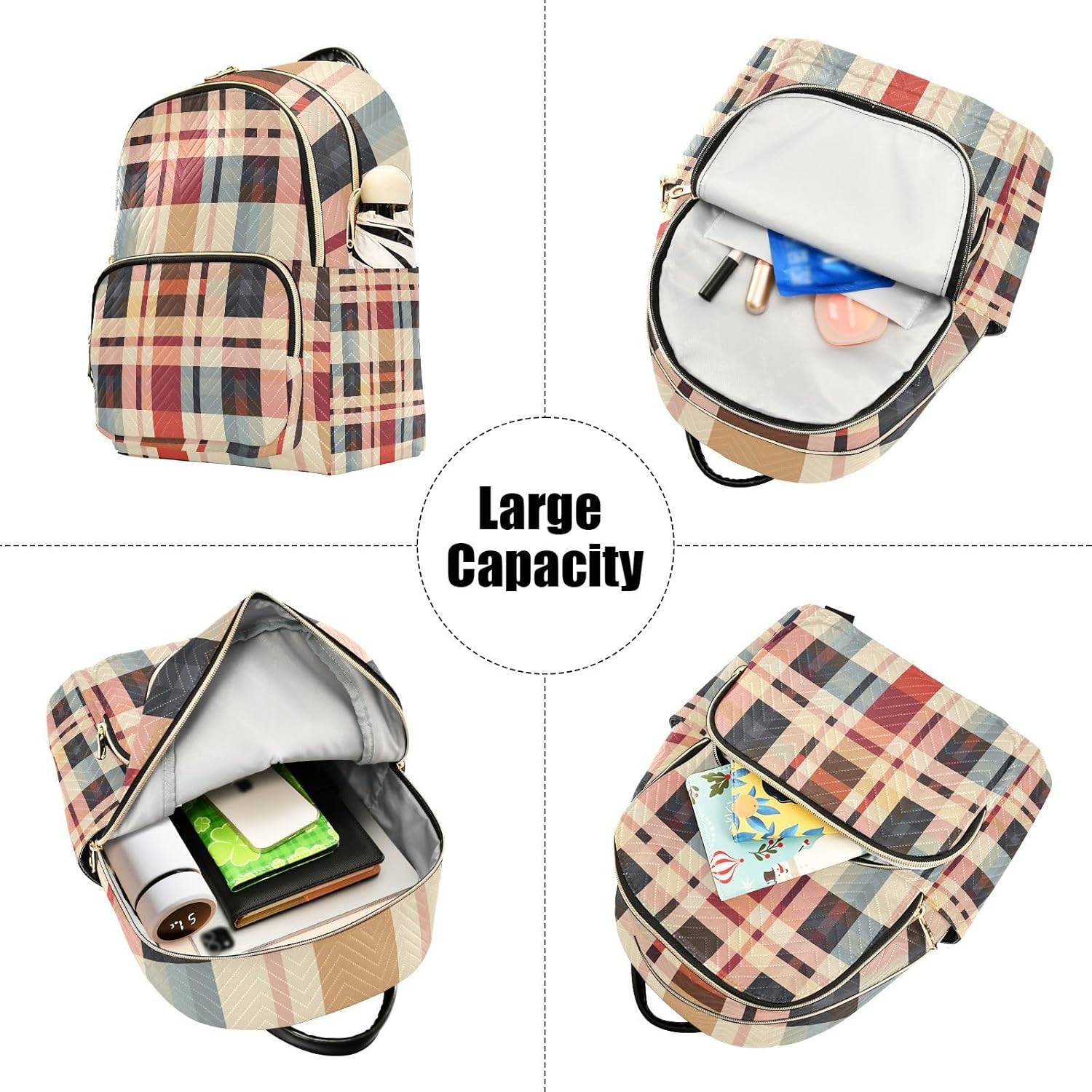 Mini Backpack for Women Brown Beige Checked Plaid Small Purse Daypacks Stylish Bags Lightweight Travel Backpacks for College Shopping Work Dating - Image 5