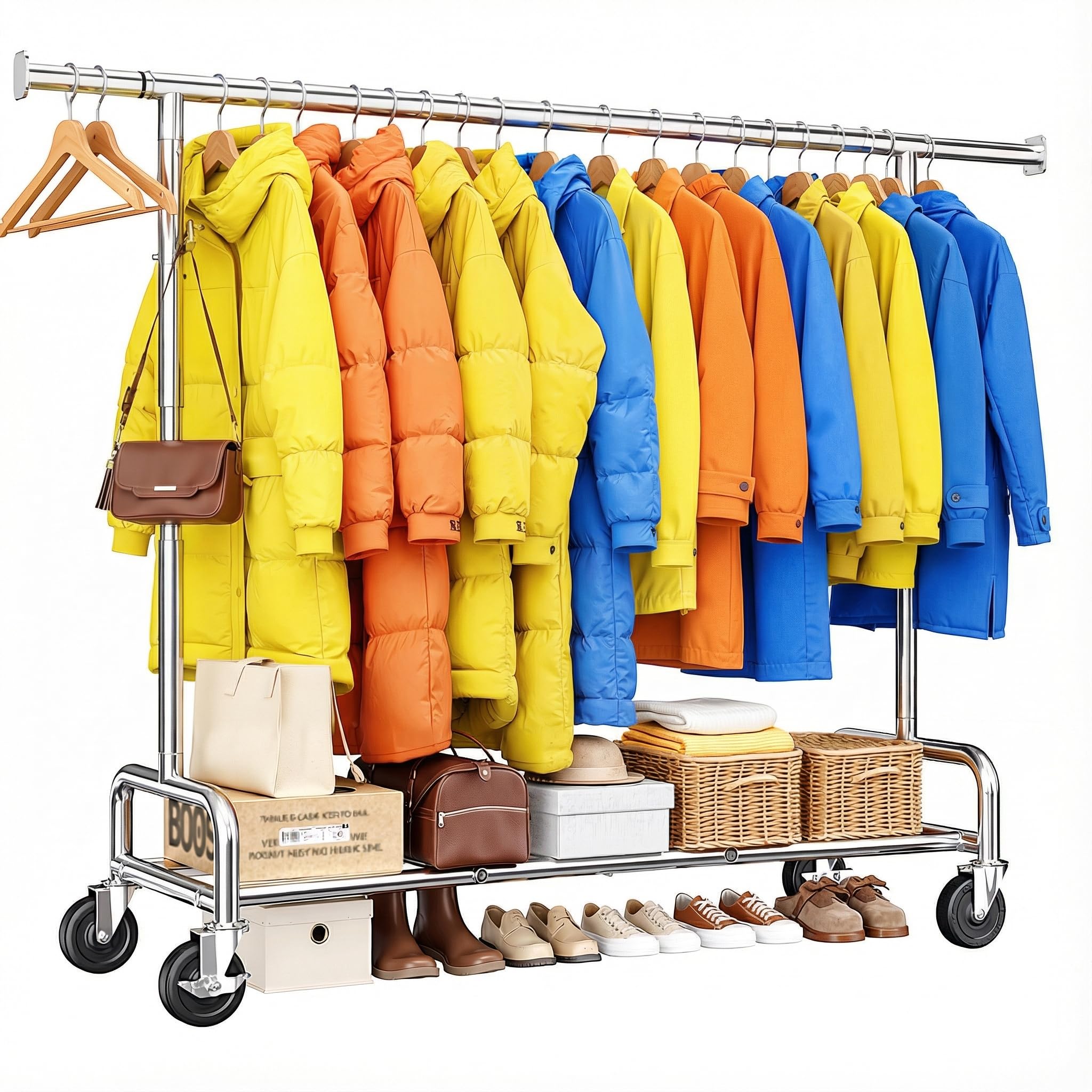131–189cm Extensible Portant Vetement Solide à Roulettes, Argenté | 140KG Capacité de Charge, 146-170cm réglable en hauteur, Portant a Vetements Convient pour Manteaux,Vestes d'hiver,Chemises