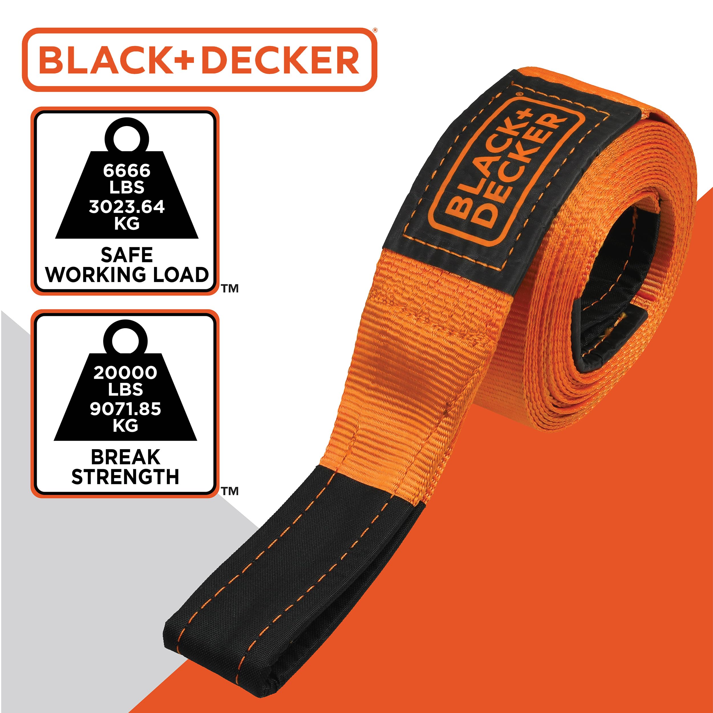 BLACK+DECKER BD1003 Sangle de récupération Noir/orange 10,2 cm x 9,1 m – Robuste (résistance à la rupture de 9 kg) pour remorquage d'urgence tout-terrain 4x4