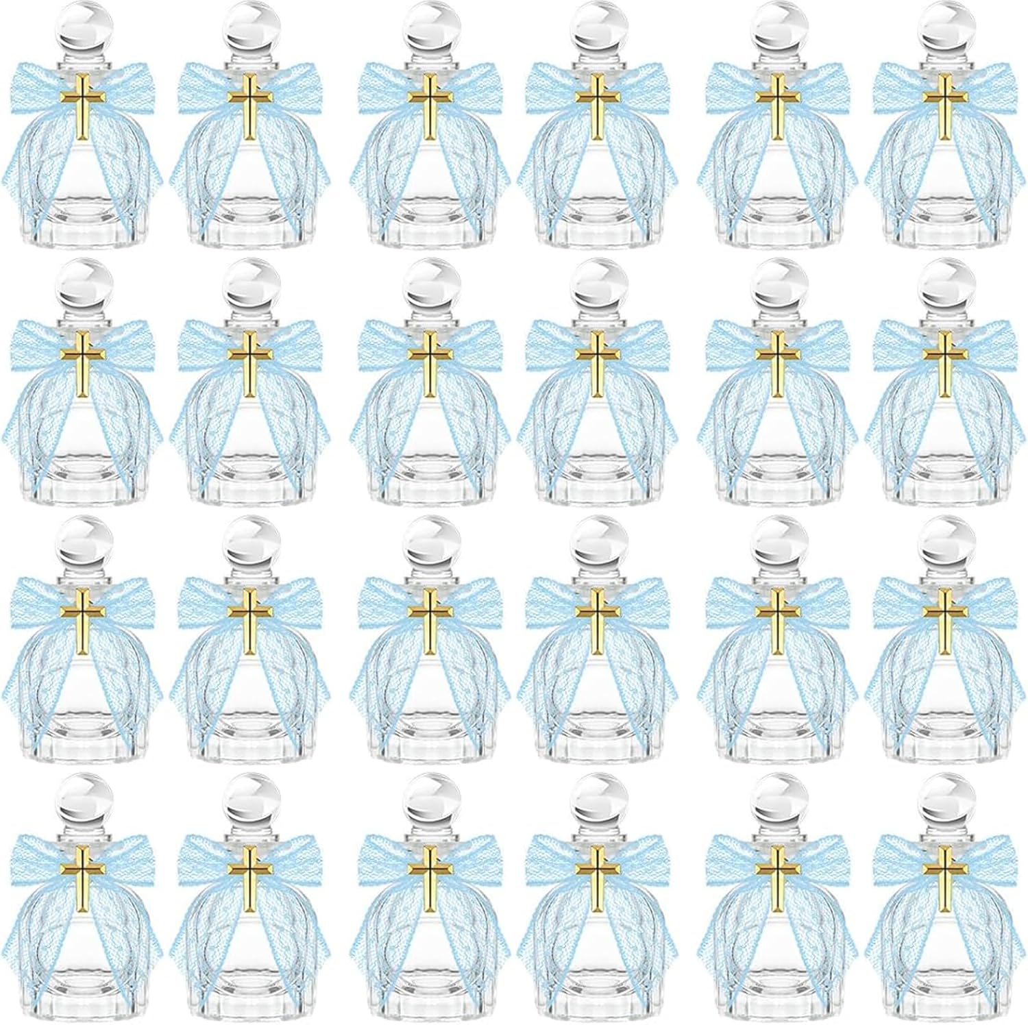 24 Sets Holy Water Bottles Catholic Bulk,50ml Clear Glass Containers with Cross Lapel Pin, Lace Bow, Organza Bags for Communion, Baptism, Wedding Favors (Blue)