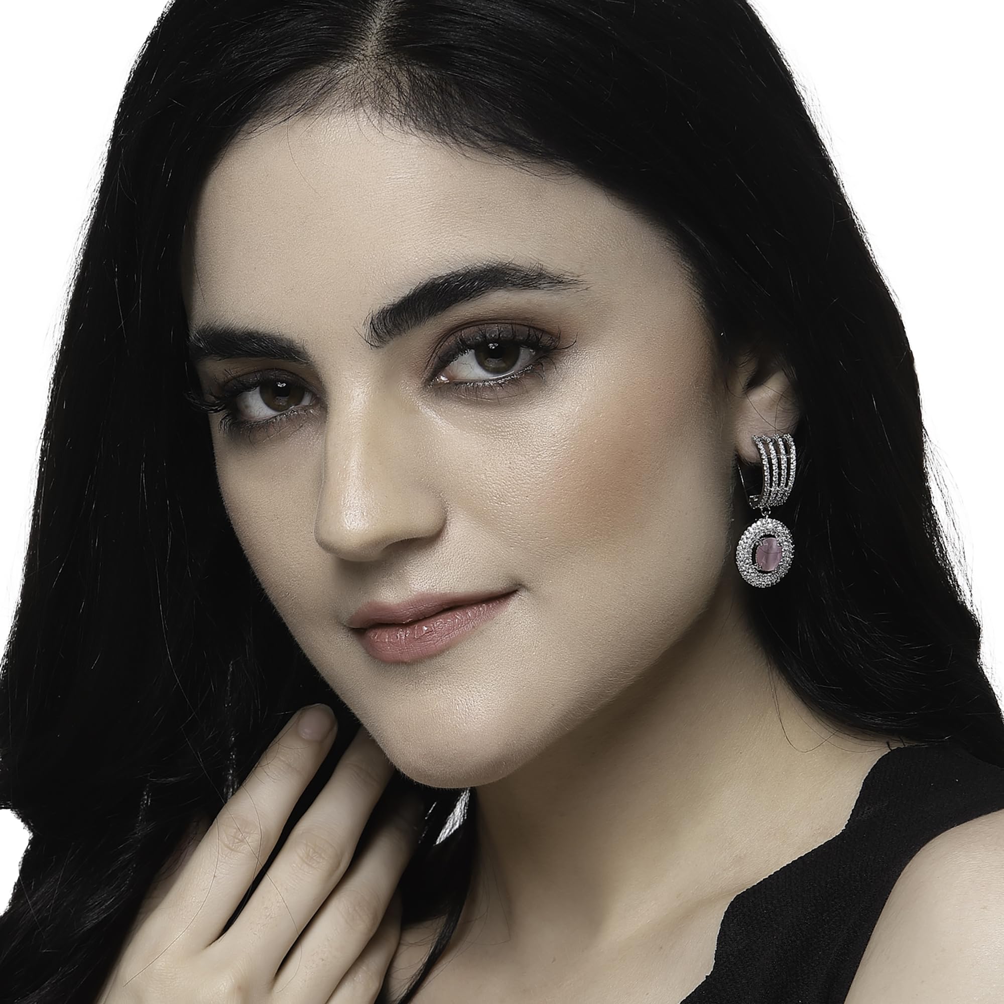 Rhodium-Plated Drop Earrings w/ American Diamond