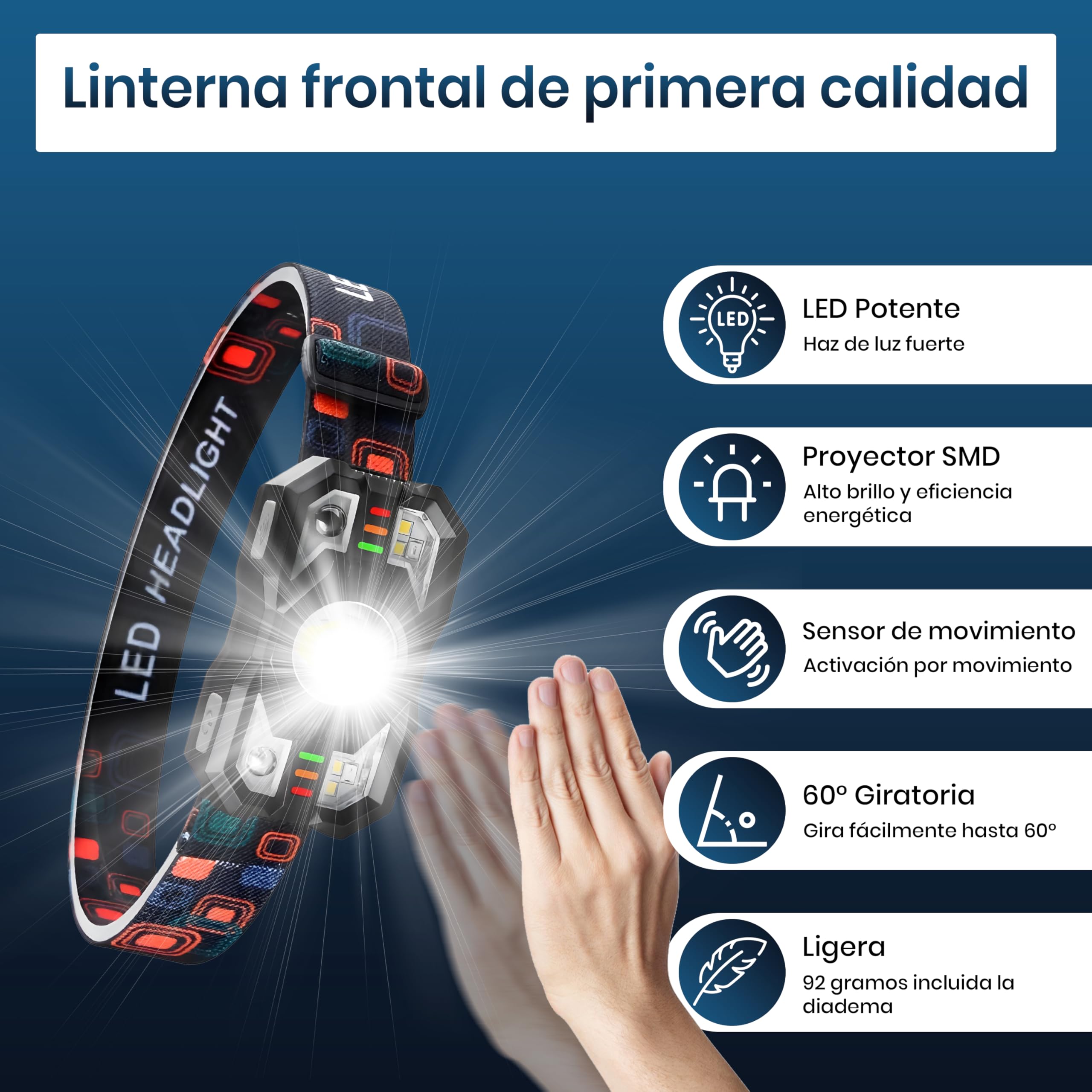 Linterna Frontal LED Recargable Alta Potencia 2000L IPX5 Impermeable 6 Modos Sensor Movimiento