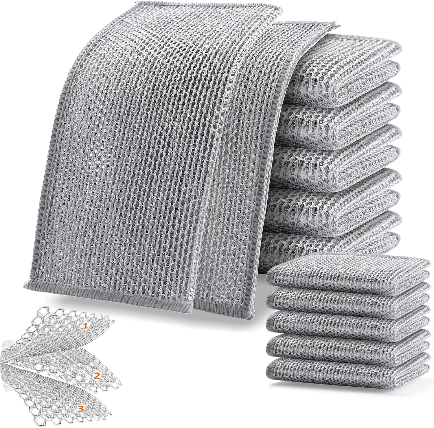 10Pack Reusable Wire Dishcloth, Micro Mesh Cleaning Cloth, Dish Scrubber Towels, Non-Scratch Kitchen Cleaning Dishwashing Rags Rich Lather For Pan, Stove,Pot, Bowl, Kitchen Grime