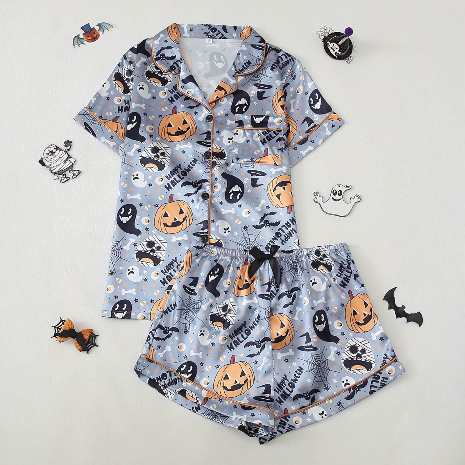 Conjunto de pijama de seda de satén con estampado de Halloween para mujer, camiseta de manga corta con botones y pantalones cortos, ropa casual, ropa de dos piezas, ropa de dormir cómoda para la