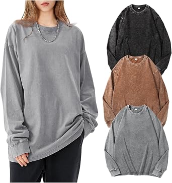Arssm Oversized T-Shirts for Women Cotton Long Sleeve Vintage Acid Wash Baggy T Shirts