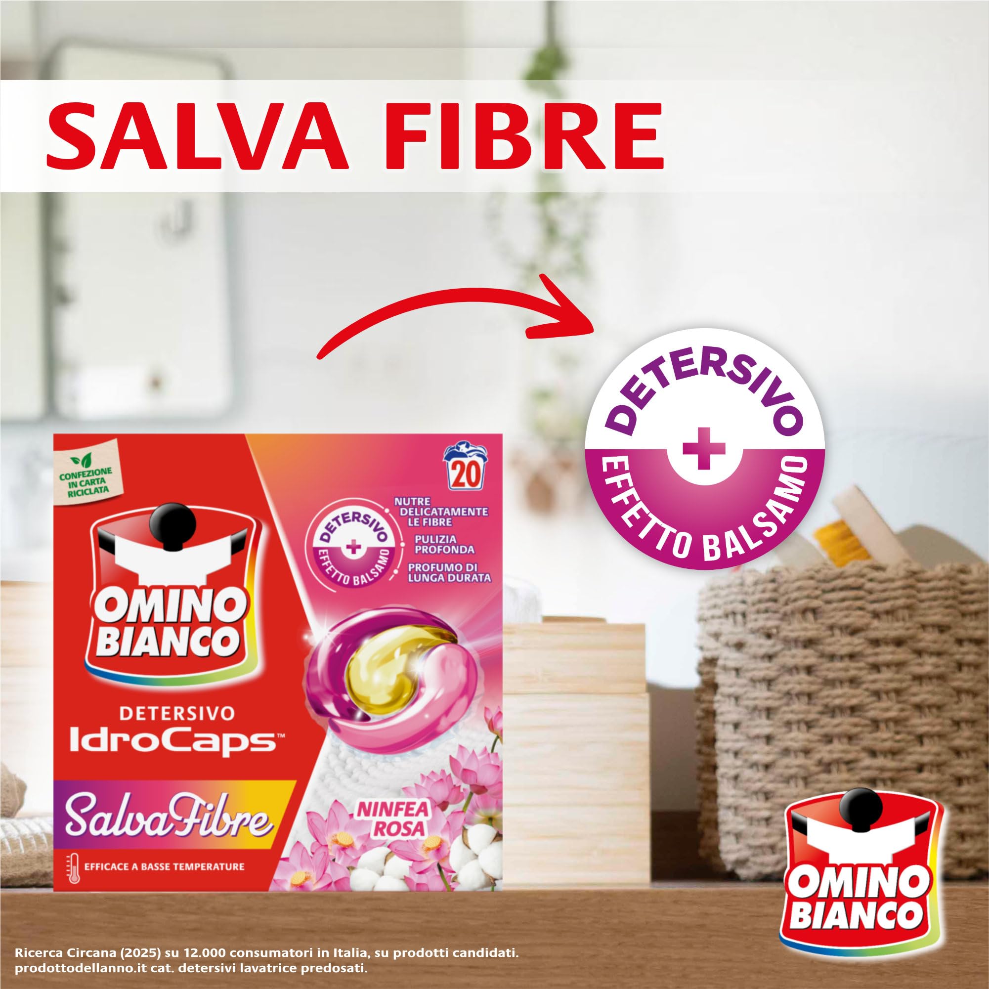 Omino Bianco Idrocaps - Detersivo Lavatrice in Capsule Salva Fibre, 80 Lavaggi, Efficace a Basse Temperature, Profumo Ninfea Rosa, 20 Caps x 4 Confezioni
