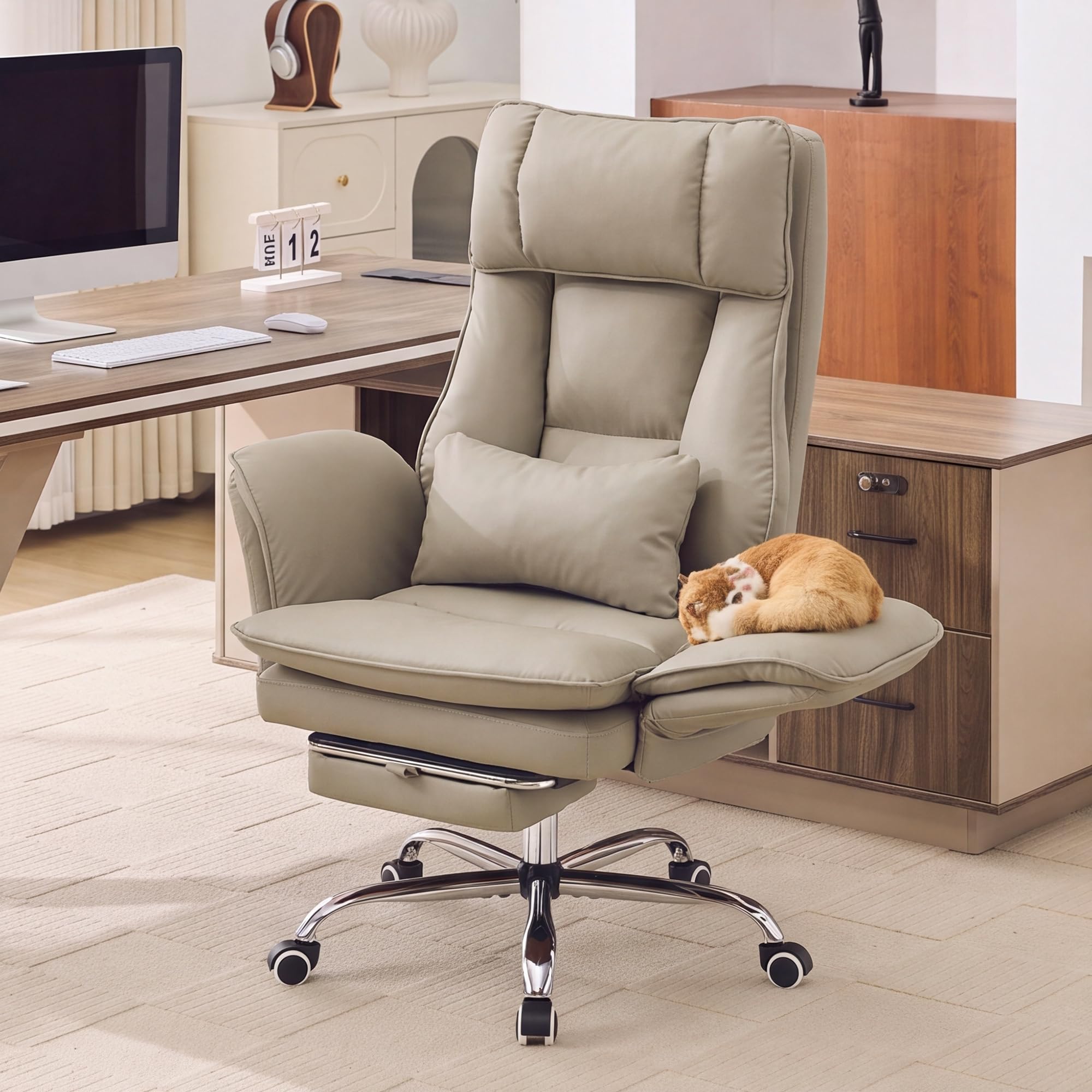 HUBSON Big and Tall Office Chair, Flip Armrest &amp; Footrest for Pets, Khaki