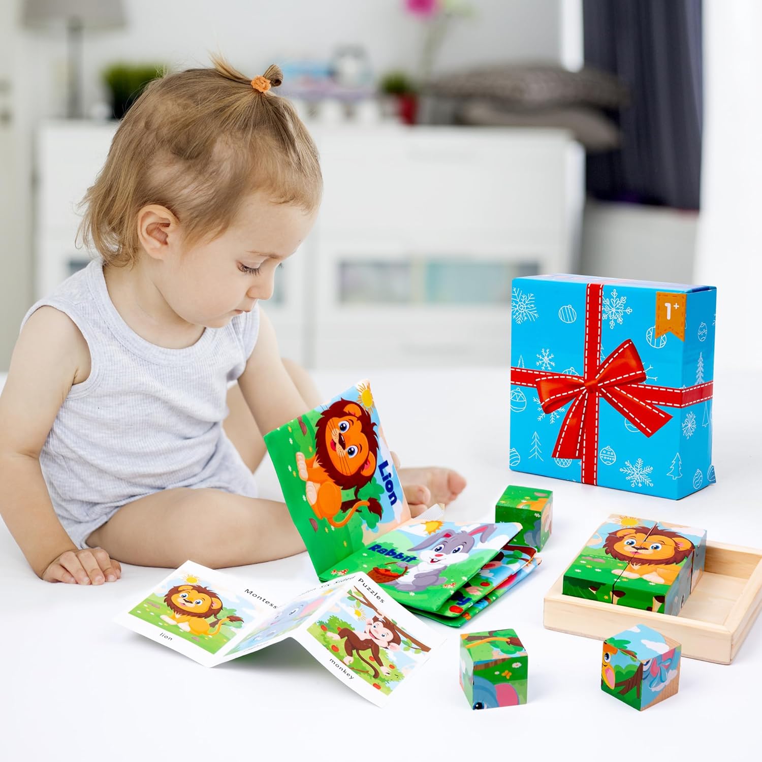 Wooden Animals Block Puzzles for Kids, Ages 2-4, 6-in-1 Montessori Educational Toys with Book, Jigsaw Puzzles for Preschool Learning, Rubber Wood, Cube, 6 Pieces, 3.5" x 3.5" x 1.3"