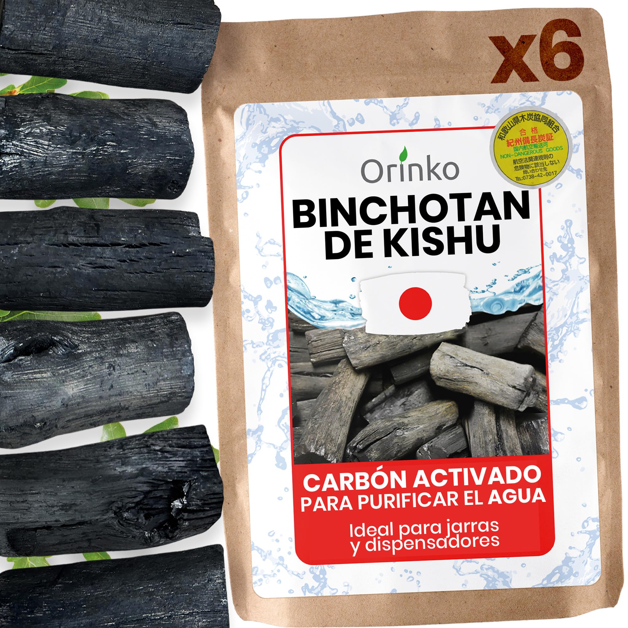 ORINKO® Carbón Activado Binchotan de Kishu x6 - Filtro Natural para Purificar hasta 2.5L de Agua en Jarras y Botellas - Carbón Vegetal Binchotan Ecológico Reutilizable - Calidad Japonesa