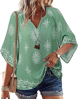 Womens 3/4 Sleeve V Neck Bohemian Peasant Blouses Casual Loose Fit Tunic...
