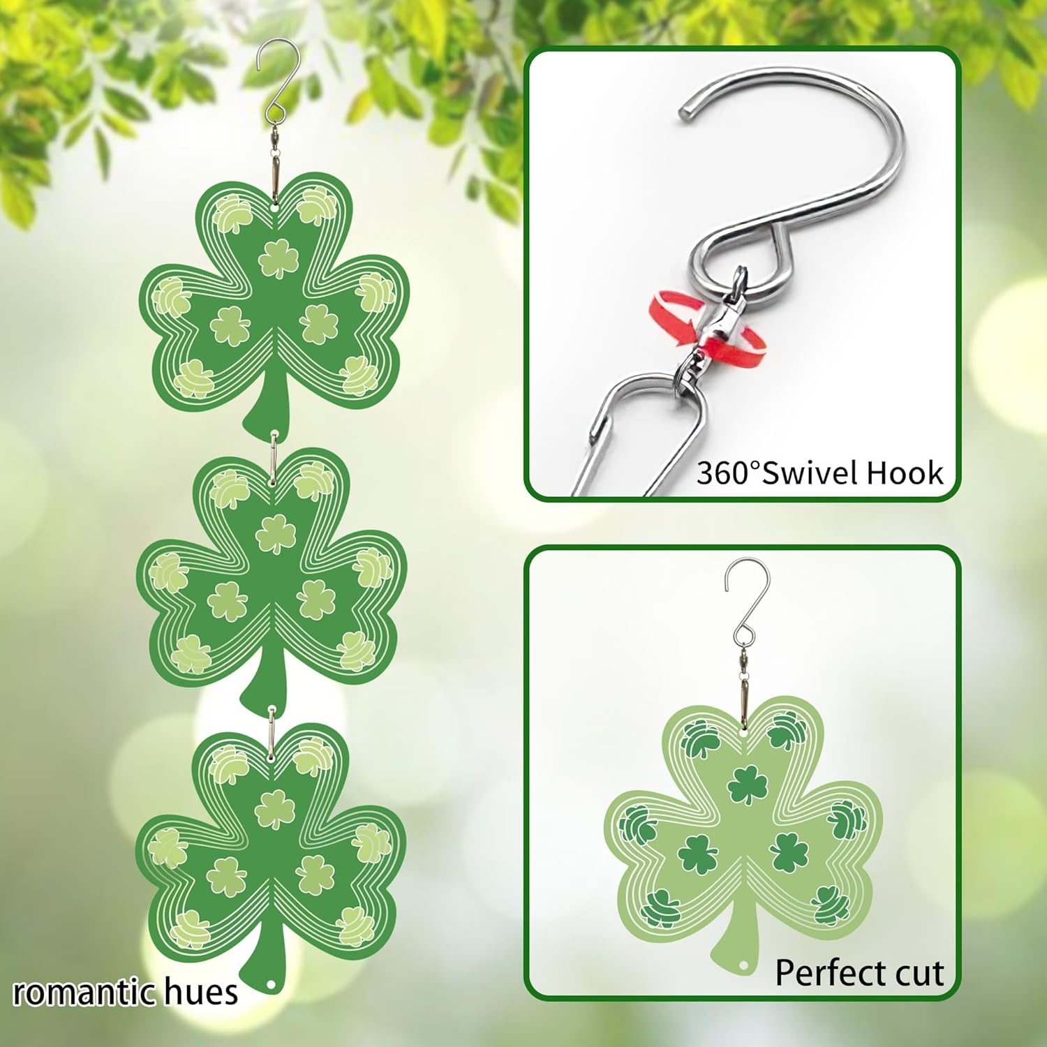 ウィンドスピナーアウトドア、鳥よけ、3Dクローバー吊り下げ、15インチ、キネティック、ステンレススチールメタル、屋内および屋外の装飾