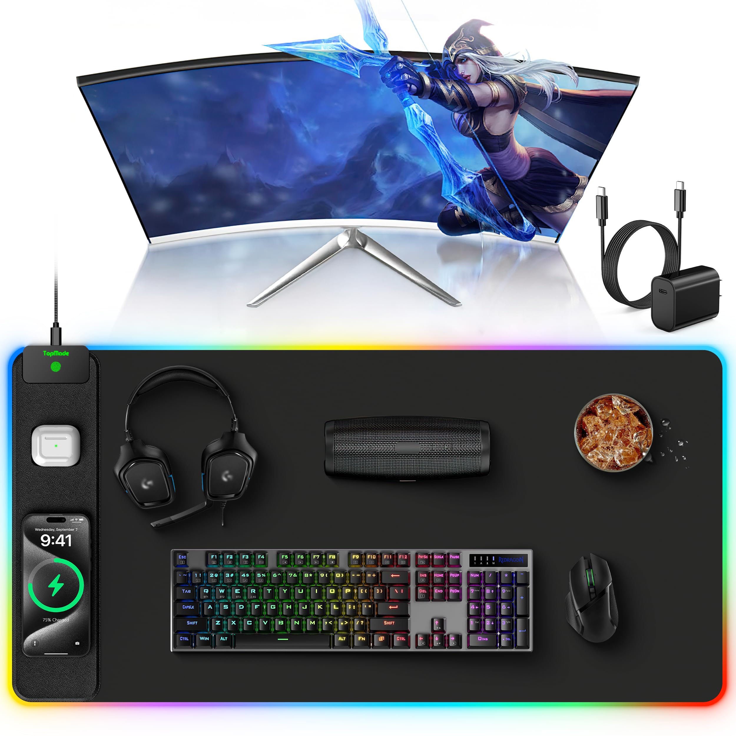 TopMade Alfombrilla de mouse de carga inalámbrica, alfombrilla de mouse RGB para juegos en casa, oficina, 31.5 x 15.8 pulgadas, XXL, alfombrilla de escritorio grande, almohadilla de teclado