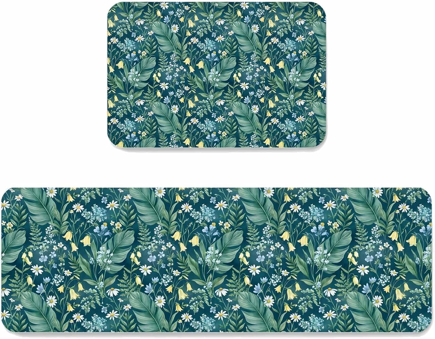 Prime Leader Dark Green Flower Kitchen Mat Set 2 Pieces Spring Blue Yellow Floral Country Non Slip Kitchen Rugs Washable Runner Rug Mats for Sink Laundry (23.6" x 35.4"+23.6" x 70.9")