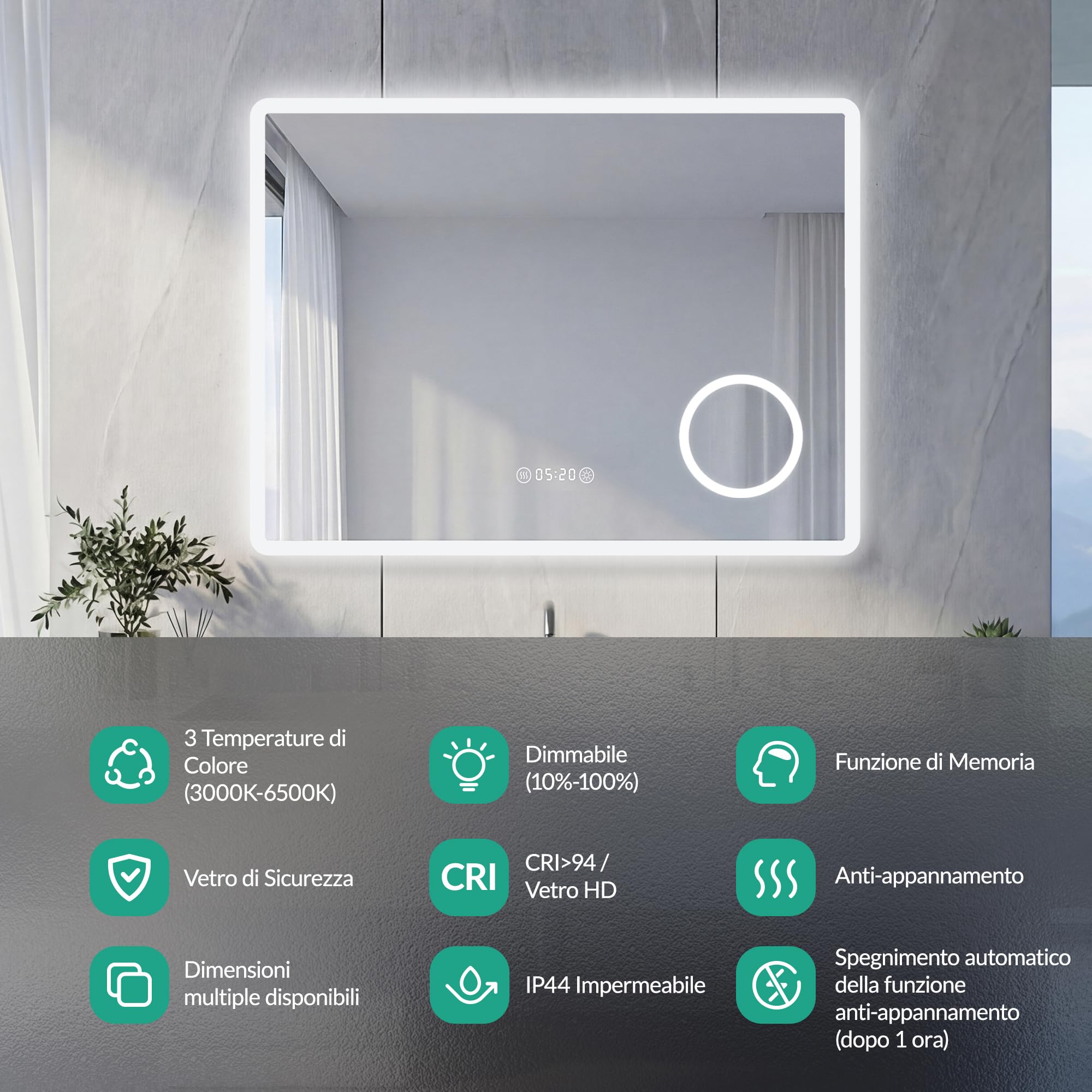 Specchio Bagno con Luce LED Antiappannamento 3 Temperature Colore 3000K-6500K Dimmerabile 10%-100% Lente Touch con Memoria HD Specchio bagno LED IP44 IP65 Impermeabile 80x60cm