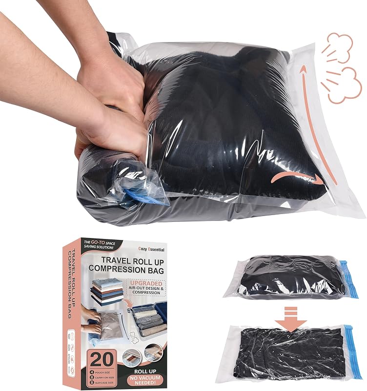 Cosy Essential Bolsas de compresión para viajes - Travel Essentials - Paquete de 20 bolsas ahorradoras de espacio - No necesita aspiradora - Bolsas de embalaje de compresión para accesorios de crucero