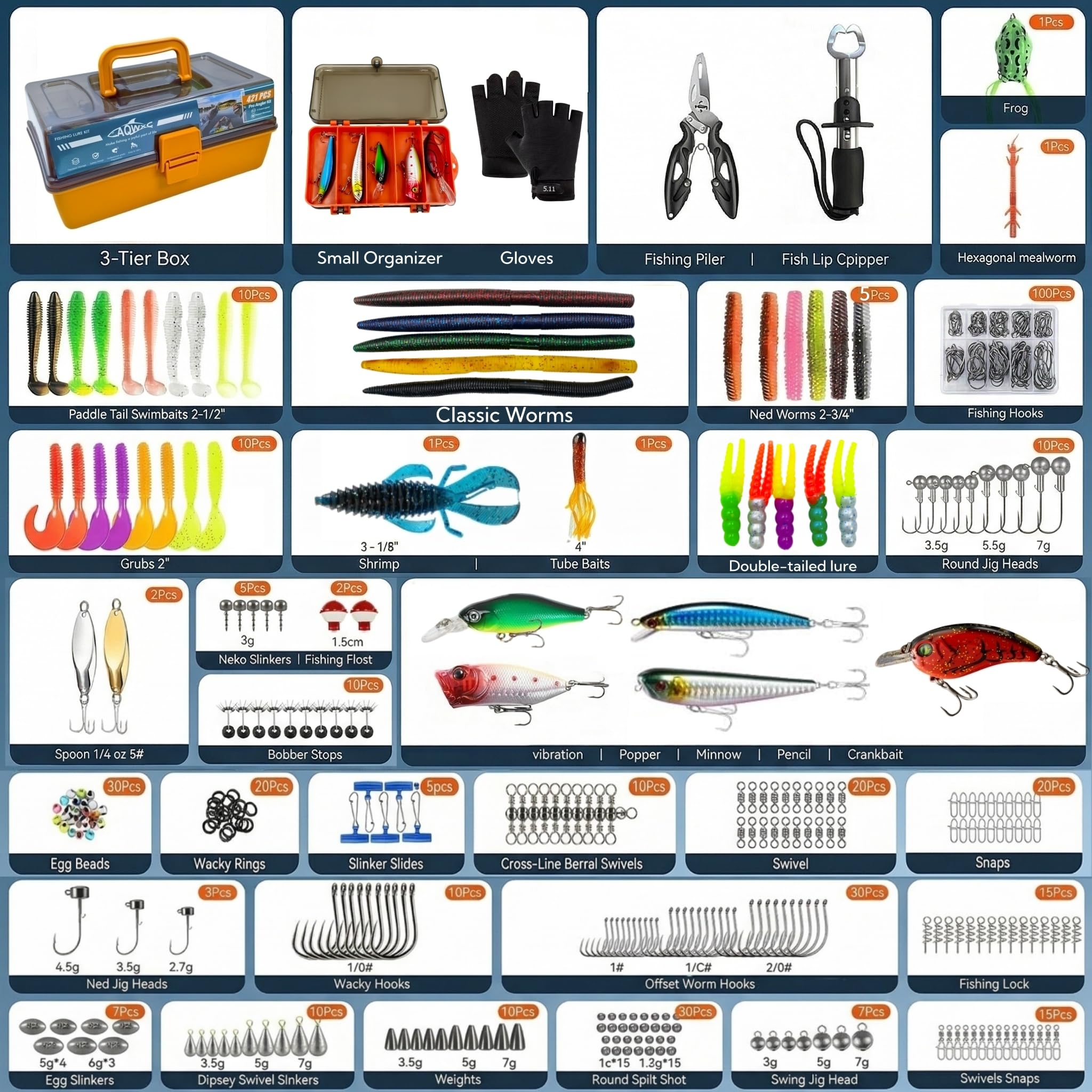 Große 3-lagige Köderbox mit Ausrüstung, 421-teiliges Angelköder-Set – Zange, Kurbelköder, Haken, Gewichte und Zubehör – Süßwasserbarsch-Angelköder, Ausrüstung und Ausrüstung