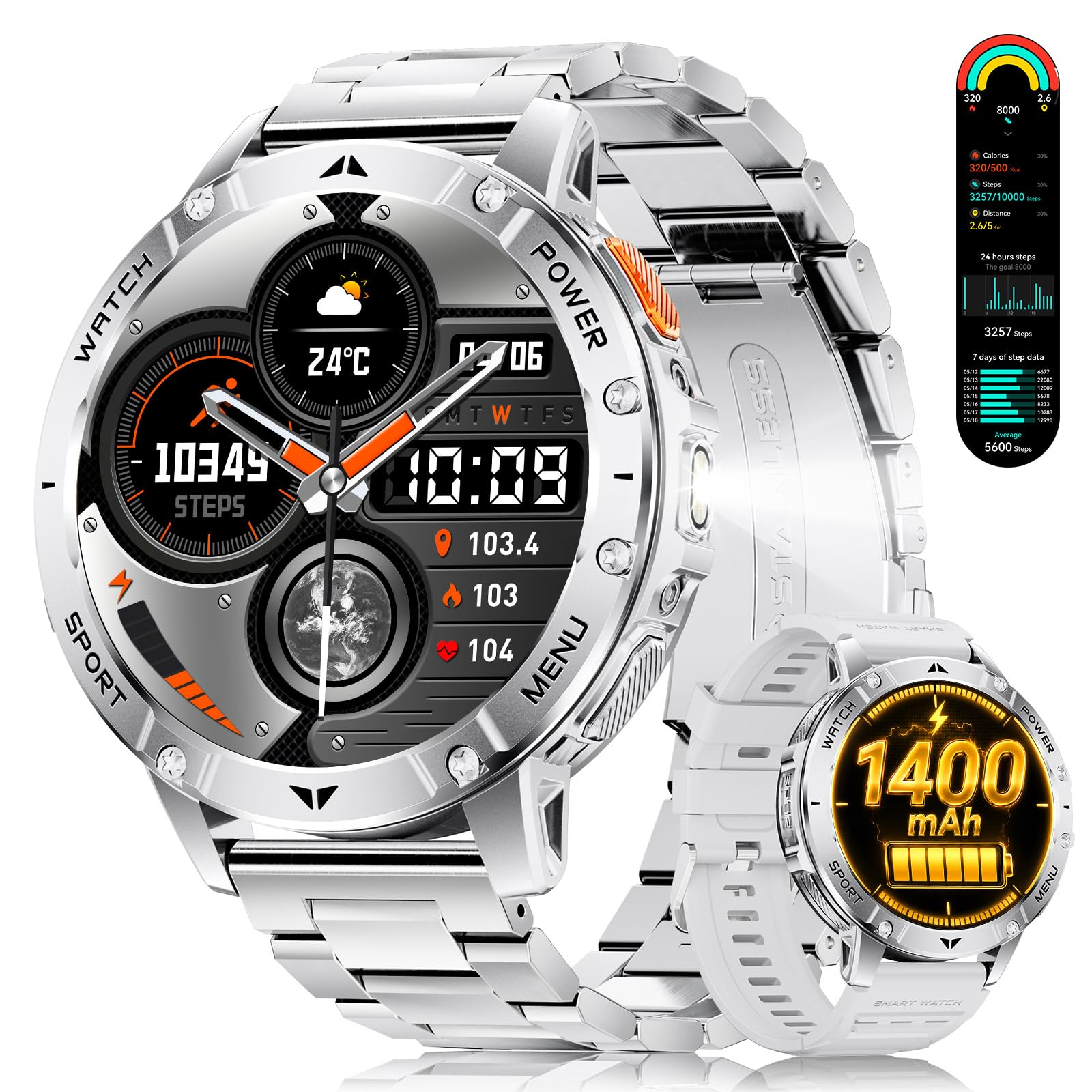 LIMIGE Smartwatch Herren, 1400mAh, 1.7" HD Display, 100+ Sport, Silber | Bluetooth-Anrufe, SpO2/Herzfrequenz/Schlaf, IP68, Kompatibel iOS/Android, 10 Tage Akku, Individuelle Zifferblätter