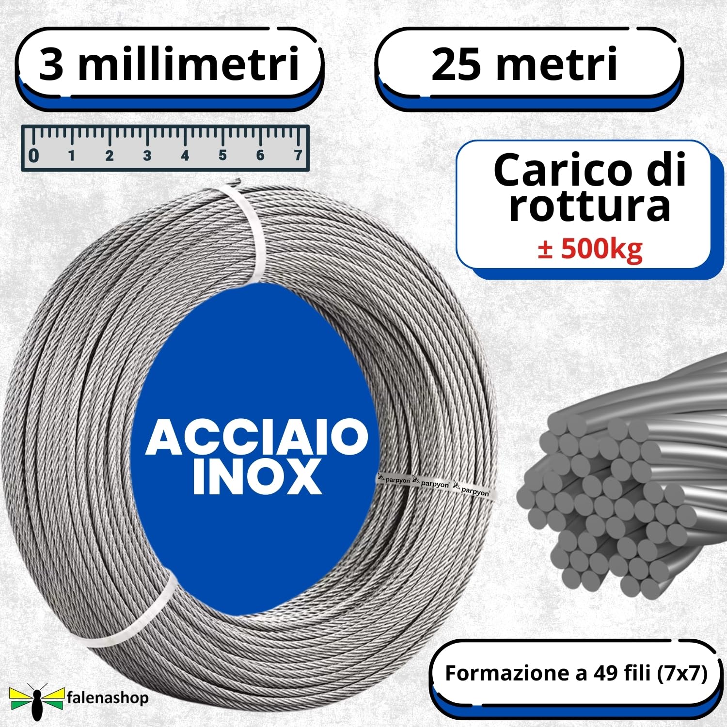 Parpyon Fune Acciaio INOX Per Esterno A 49 Fili cavo acciaio AISI 316 Antiruggine filo metallico per sospensioni, luci, recinzione lavori di fai da te giardino (25, 3 mm)