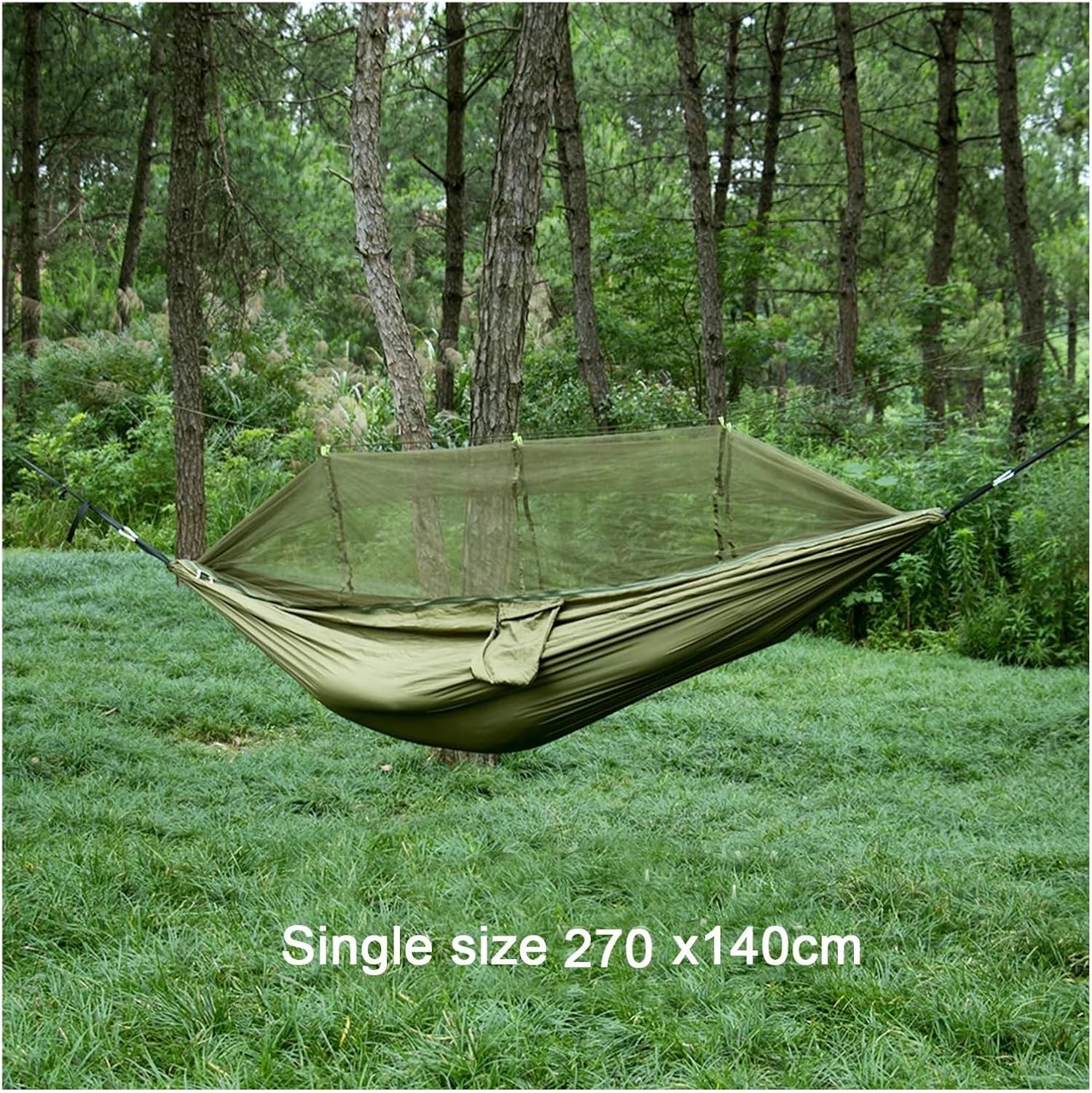 Hammock Portable Travel Outdoor Camping Hanging Sleeping Single and Double Hammock with Mosquito Net Camping Essentials(Single Army Green)