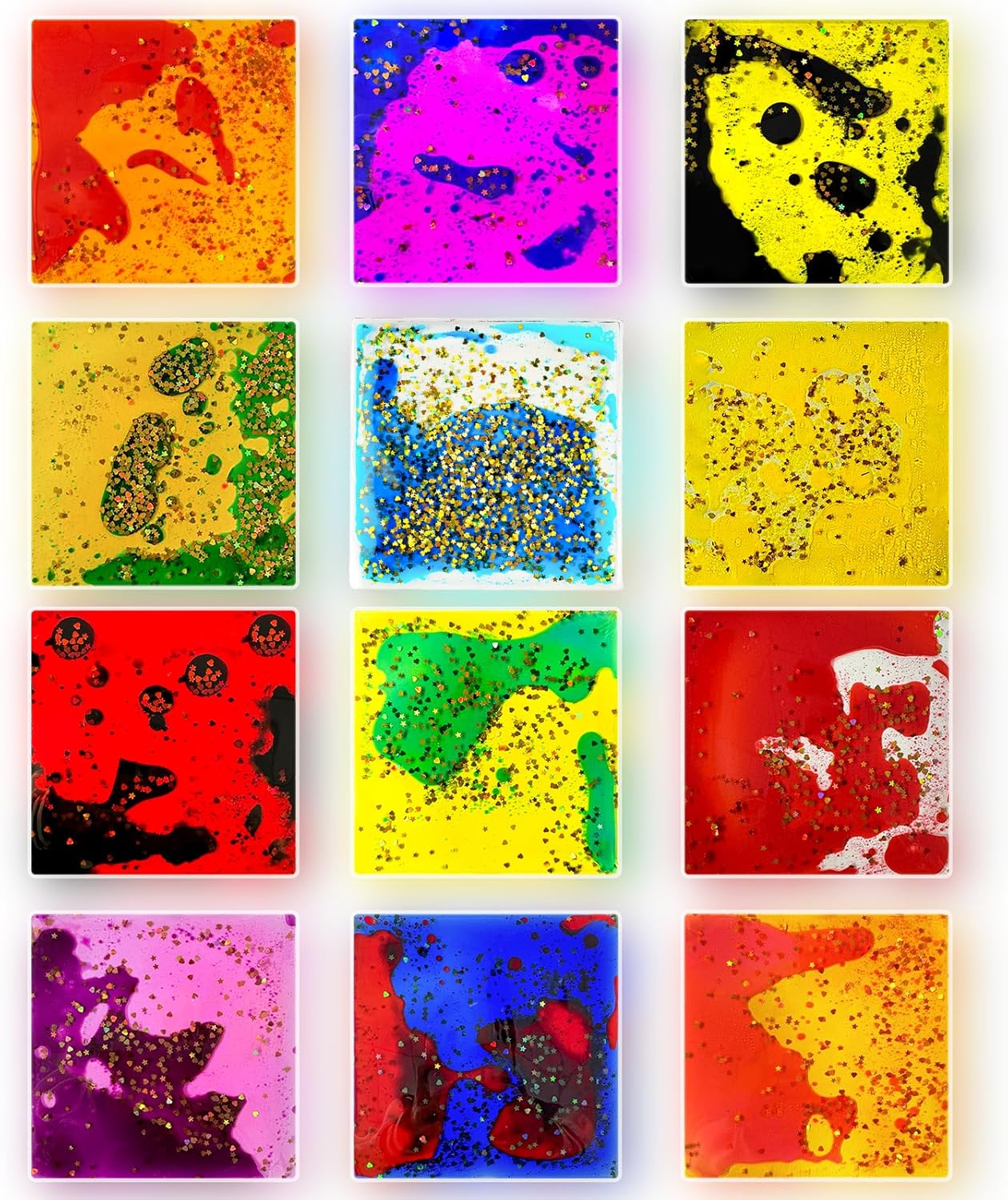 Liquid Sensory Soft Gel Toys - Set of 12 - Square Sensory Fidget Toys, Water Sensory Toys for Nursery, Playroom, Toddlers and Kids with Autism.