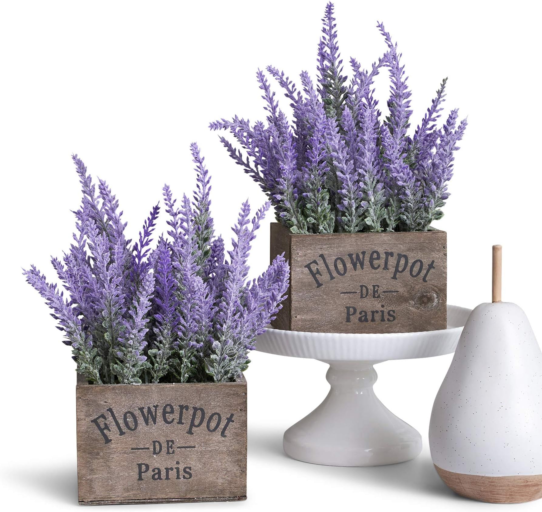 Butterfly Craze Artificial Lavender Plants in Rustic Wooden Planters - Lifelike, Stunning Faux Silk Purple Flowers Perfect for Elevating Your Patio, Home Décor, or Office (Set of Two), Brown Wood
