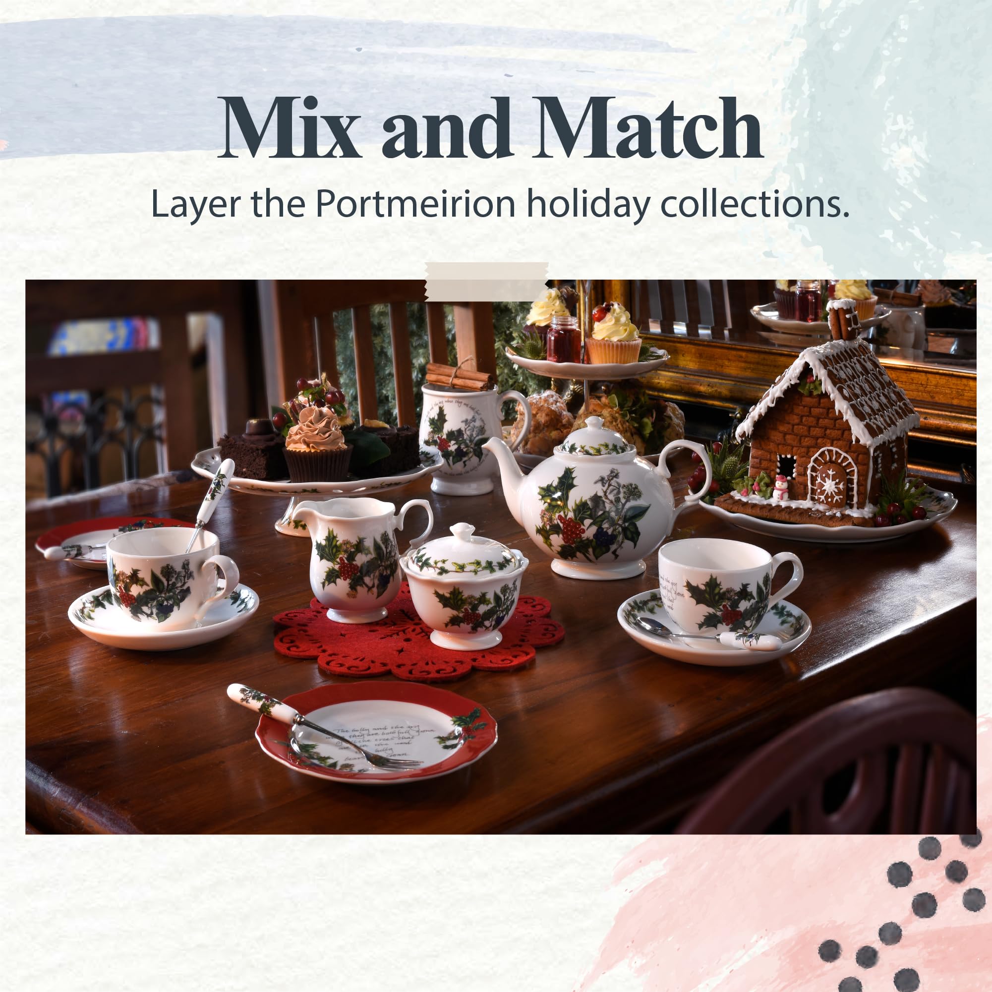 Portmeirion Home & Gifts Filiżanka i spodek do herbaty Holly & Ivy, ceramiczny, wielokolorowy, zestaw 6 szt