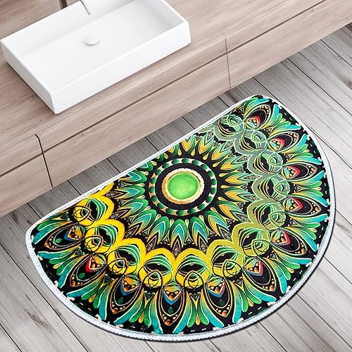 Miniatura 4 de Tapete semicircular para puerta de baño, tapete semicírculo, con mandala, bohemio, verde, antideslizante, absorbente de bienvenida, tapete de