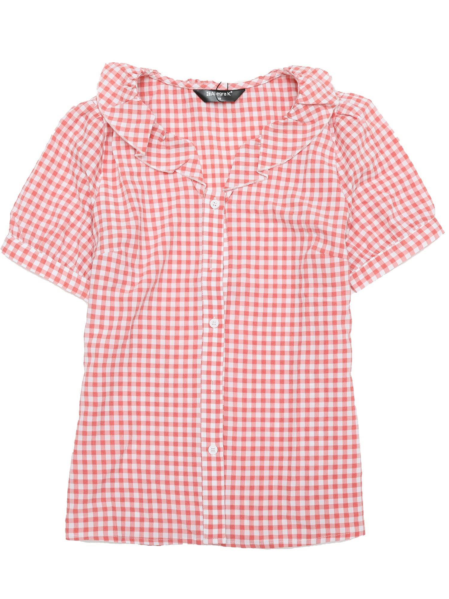 Allegra KWomen's Gingham Plaid Shirts, Plaid Top for Women, Ruffle Collar Blouse, Short Sleeve Checked Shirt Tops