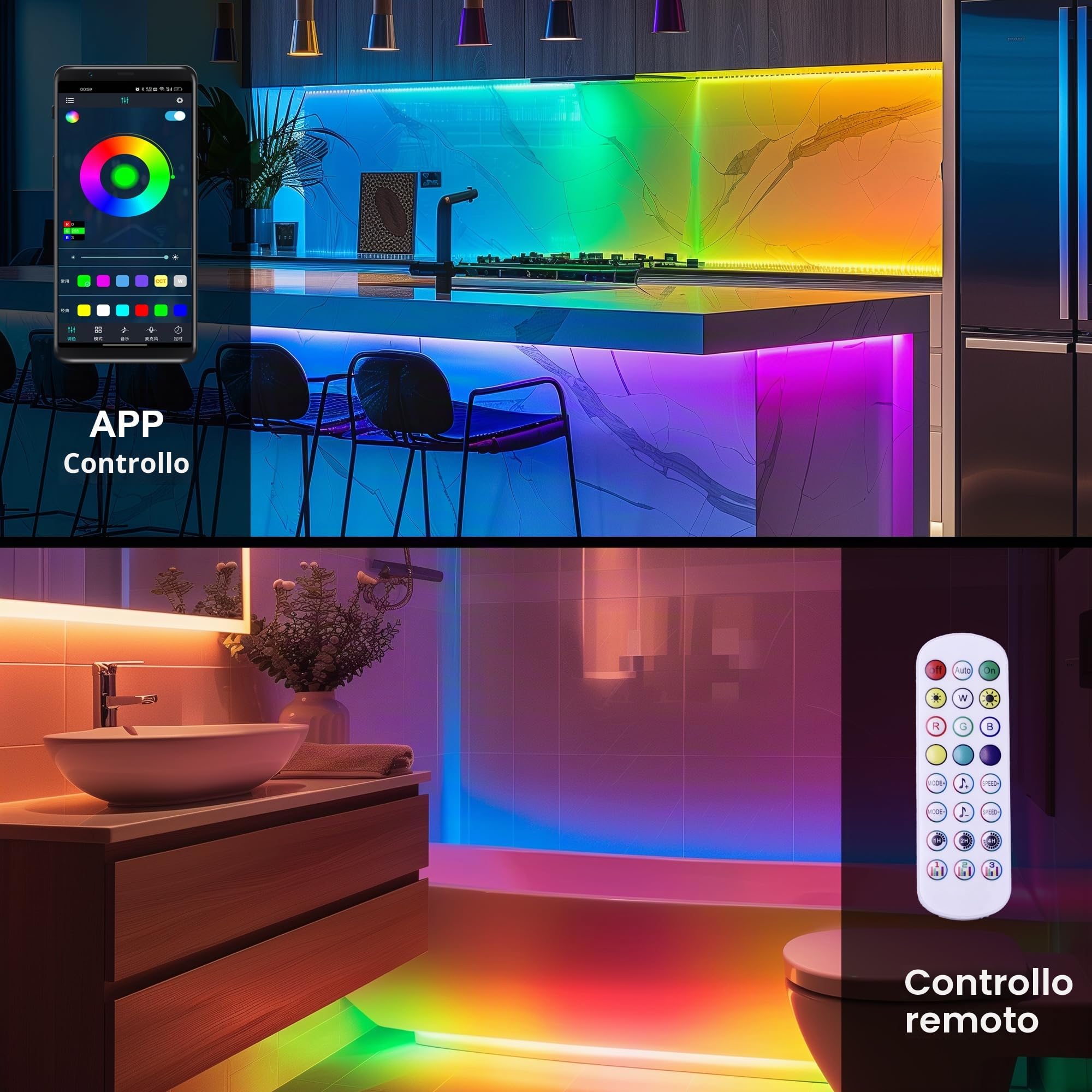 RGB IC Striscia LED COB, Striscia LED Intelligente con Sincronizzazione Musicale, Colore Dinamico, Cambio Colore Segmentato, Controllo app e Telecomando, Striscia LED per Camera da Letto, 3m