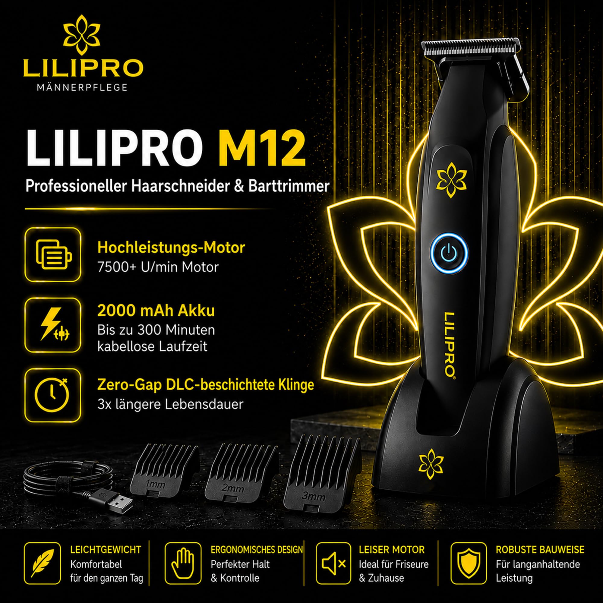 M12 Tagliacapelli Professionale Uomo e Regolabarba | Trimmer Professionale Capelli e Barba con Lama T DLC Zero Gap, 7500+ RPM, Ricarica USB-C, Batteria 2000 mAh, Silenzioso e Preciso