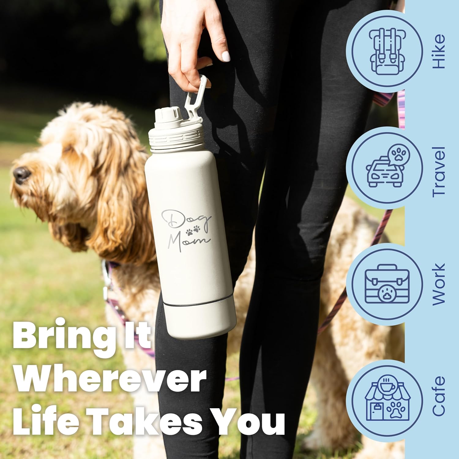 Dog Mom Water Bottle - 32 oz Stainless Steel Double Wall Insulated with 8 oz Detachable Bowl on Bottom - Cool Dog Mom Gifts for Women for Hiking, Walking, Travel and Everyday Adventures - DM Cream - Image 3
