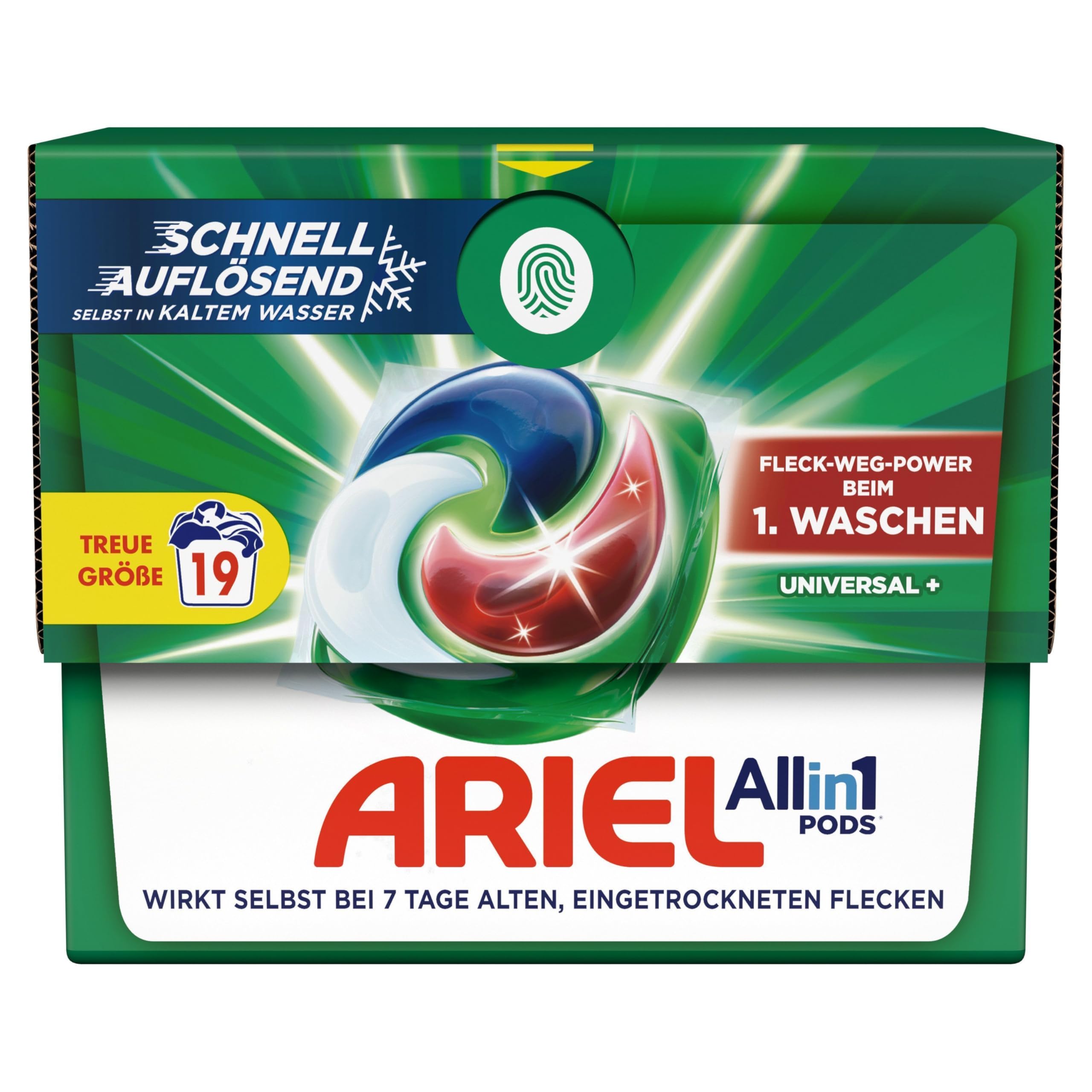Ariel Waschmittel Pods All-in-1, Waschmittel 19 Waschladungen, Universal+, Kraftvolle Fleckenentfernung in nur 1 Waschgang