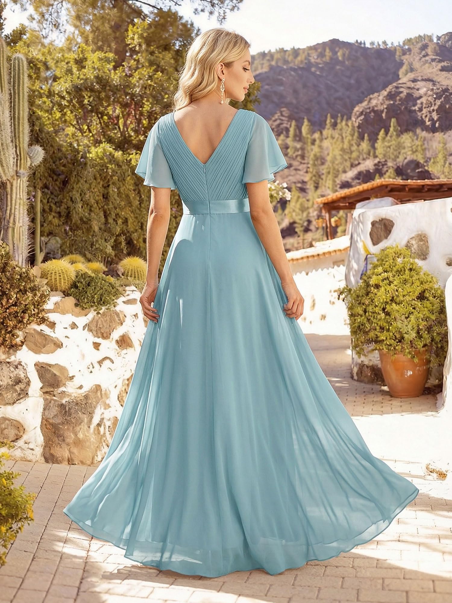Ever-Pretty A-línea Vestido de Fiesta Cuello en V Manga Corta Gasa Corte Imperio para Mujer Azul Polvoriento 42