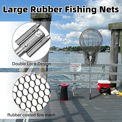 Miniatura 3 de Red de pesca de goma extra grande resistente, mango telescópico de aluminio (67-100 pulgadas), apertura de red de 20 pulgadas para pesca en agua