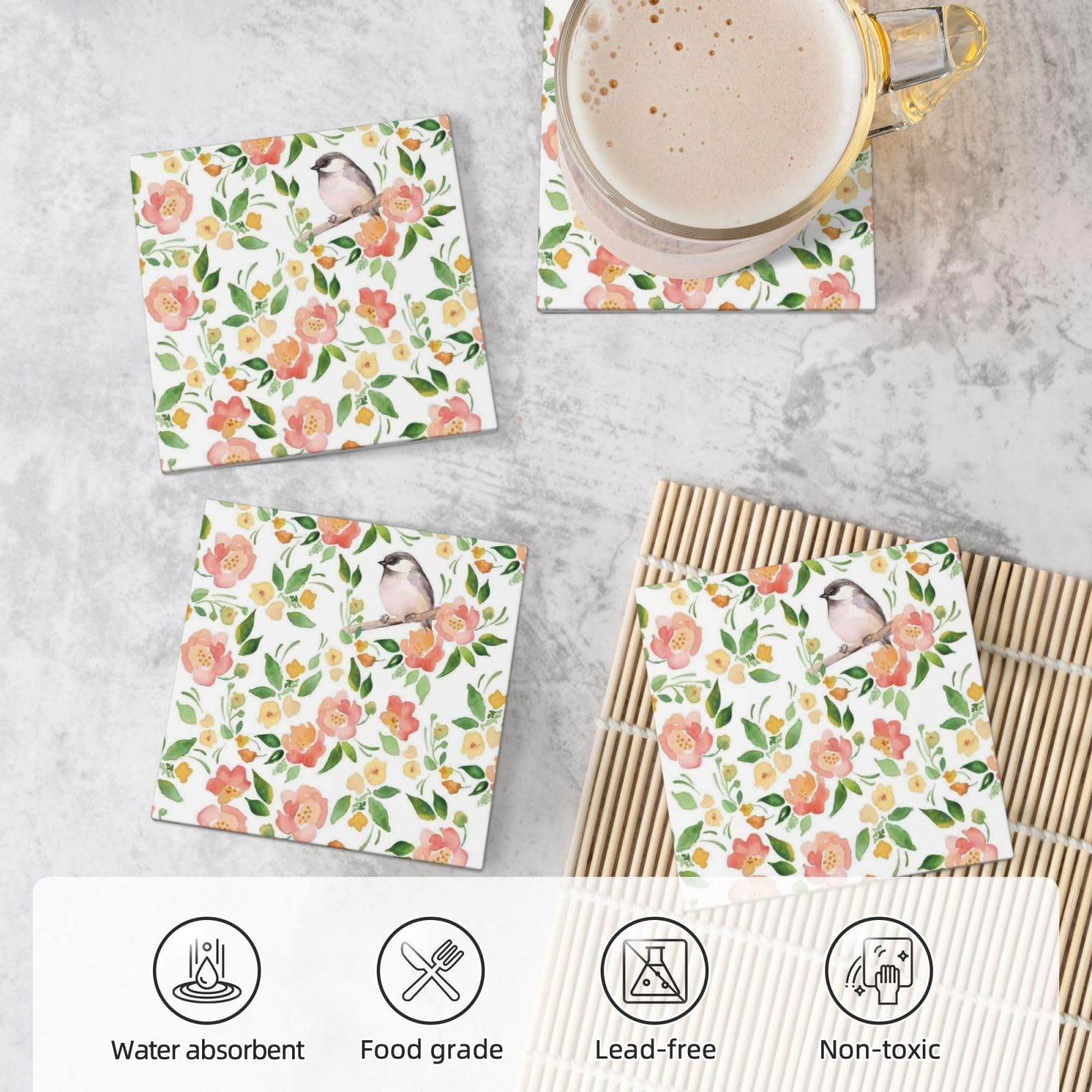 Untersetzer aus Keramik mit Blumen- und Vogelmotiv, 4 Stück