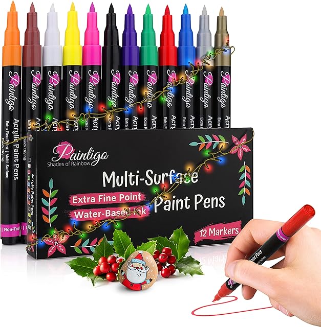 PAINTIGO Acrylic Paint Pens for Rock Painting, Wood, Ceramic, Glass, Fabric, Mugs, Canvas, DIY Craft Supplies - Acrylic Paint Markers Set of 12 Colors, Water Based, Waterproof, Extra Fine Tip 0.7mm