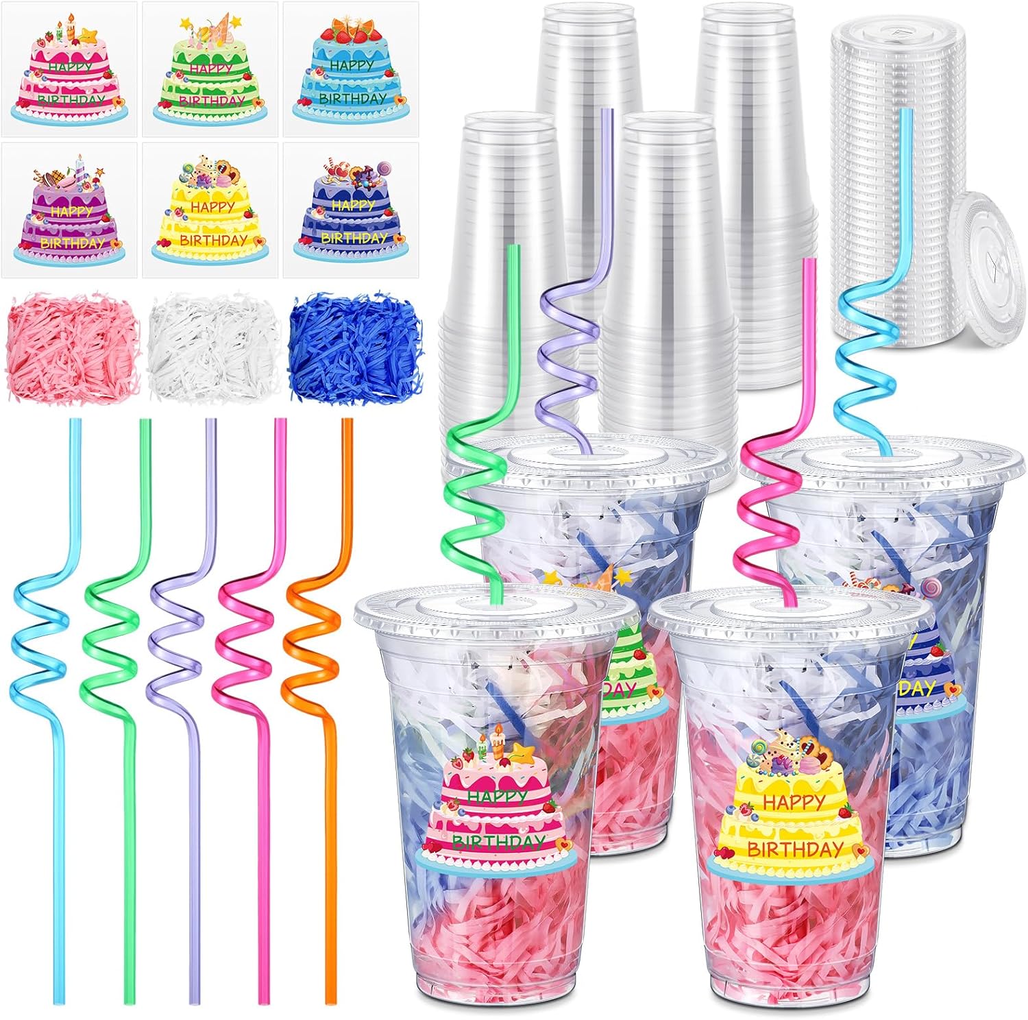 Qinyoung 24 Set Creative Happy Birthday Gifts from Teacher Students Birthday Cups with Lids Colorful Straws Stickers and Raffia Plastic Cups for Reward Kids Prize Classroom Party Supplies (Cute)