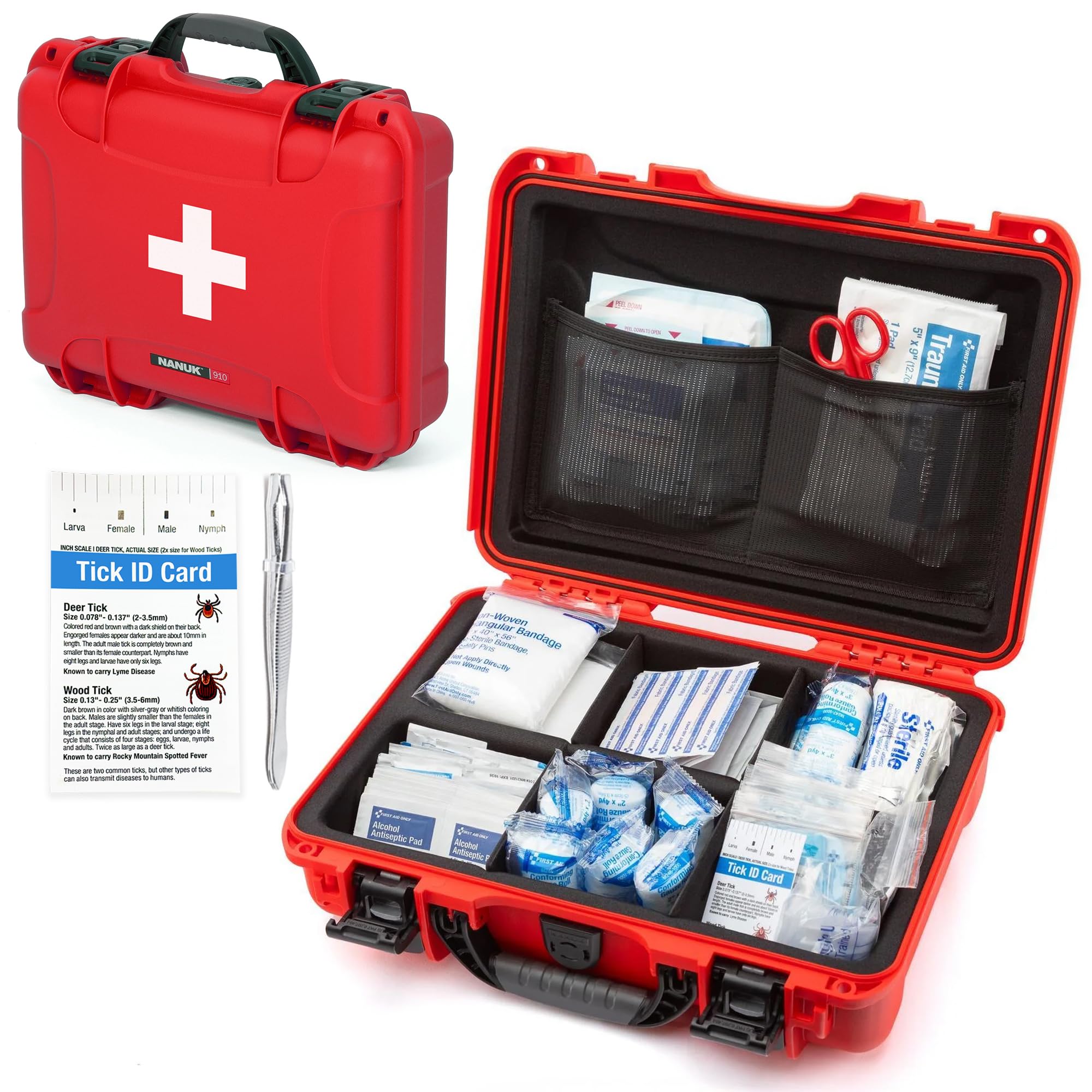 NANUK 910 Waterproof First Aid Kit 146pcs – Durable, Pre-Stocked First Aid Emergency Kit with Bandages, Tick Removal Tool, and More – Dustproof, Impact-Resistant, Floats (14.3" x 11.1" x 4.7") – Red