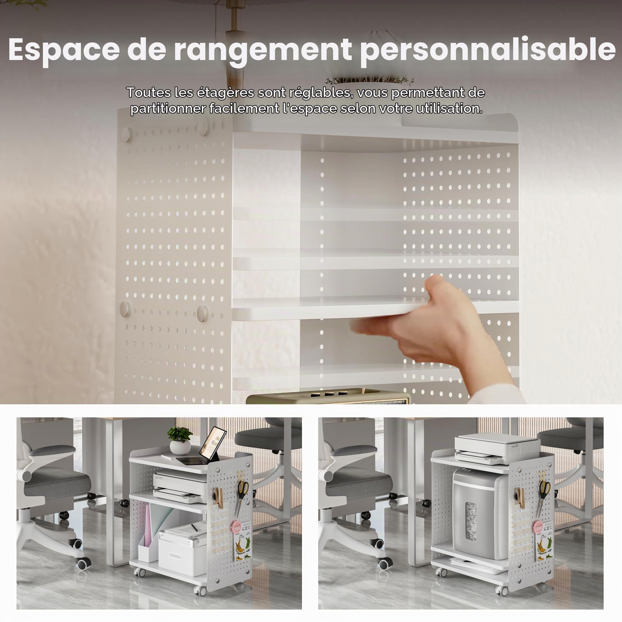 Fenge Support d'Imprimante Mobile, Caisson de Bureau sur roulettes, Meuble pour imprimante, Meuble de Rangement avec 4 Nieavux, Support de Fax, pour Bureau, Chambre, Salon, 45,3x33,5x55,3cm (Blanc)