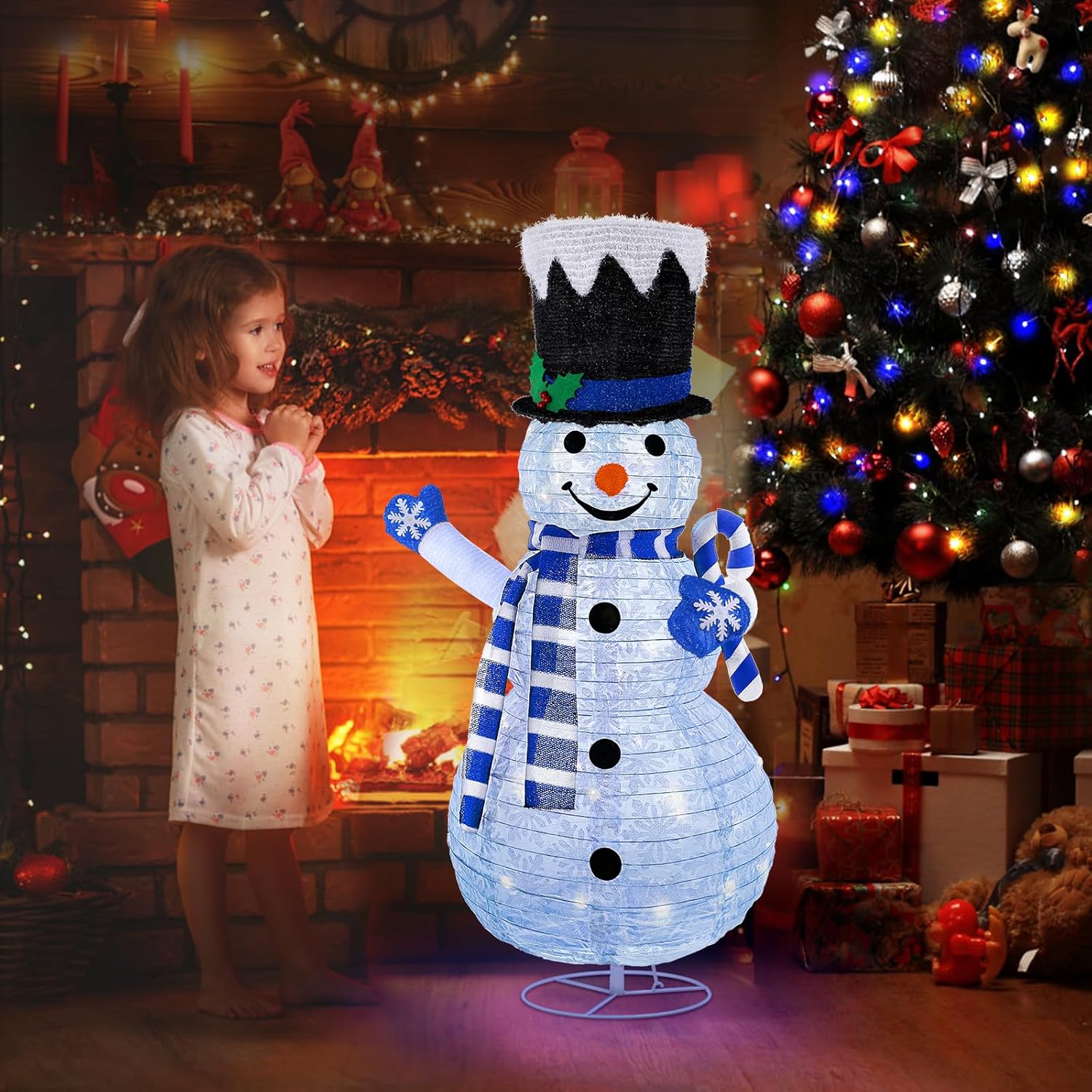 42-Inch Lighted Blue Snowman Outdoor Christmas Decoration, Collapsible Snowman with Blue Scarf and Snowflake Top Hat, Pre-Lit Holiday Yard Décor for Indoor & Outdoor Use