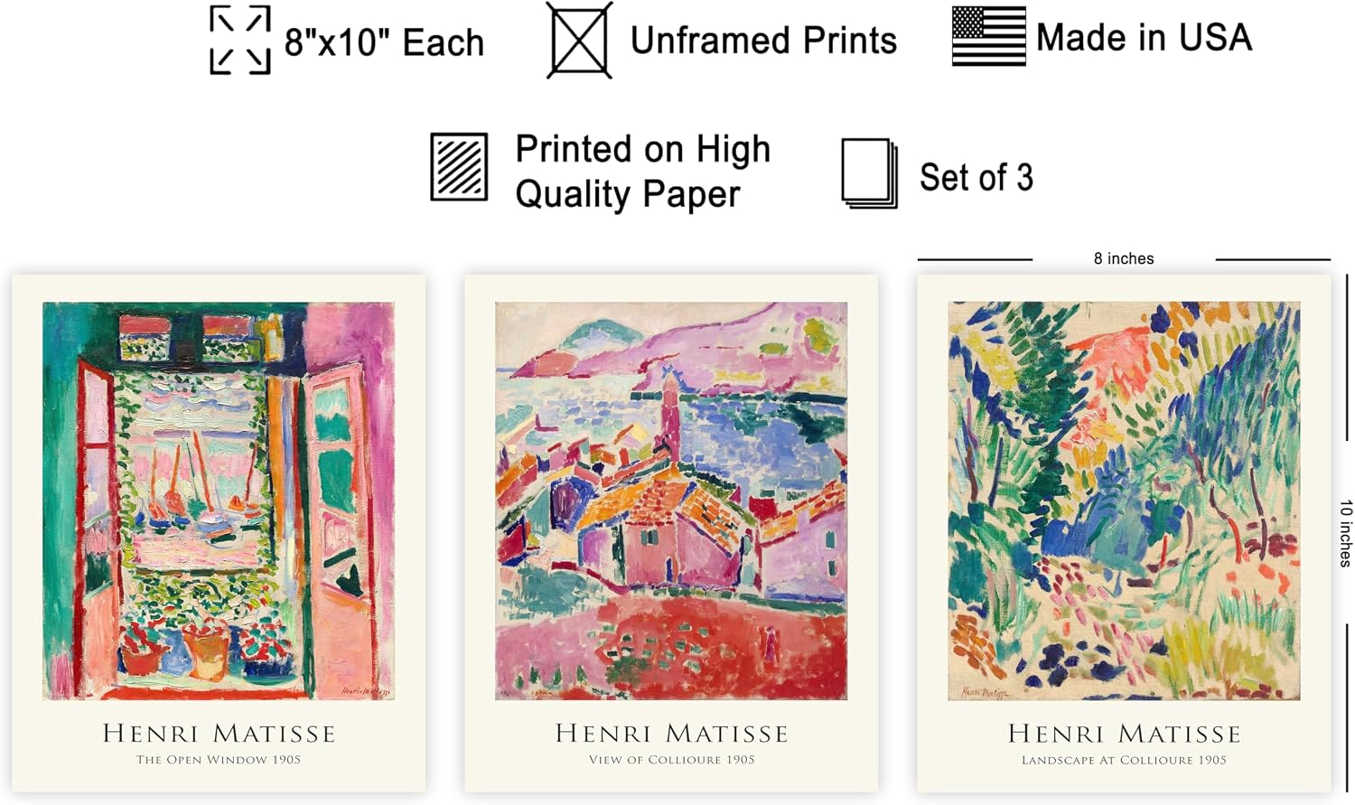 Poster Master 3-Piece Vintage Henri Matisse Poster - Retro Painting Print - Fauvism Art - Aesthetic Gift for Men, Women - Abstract Wall Decor for Living Room, Bedroom, Office - 8x10 UNFRAMED Wall Art