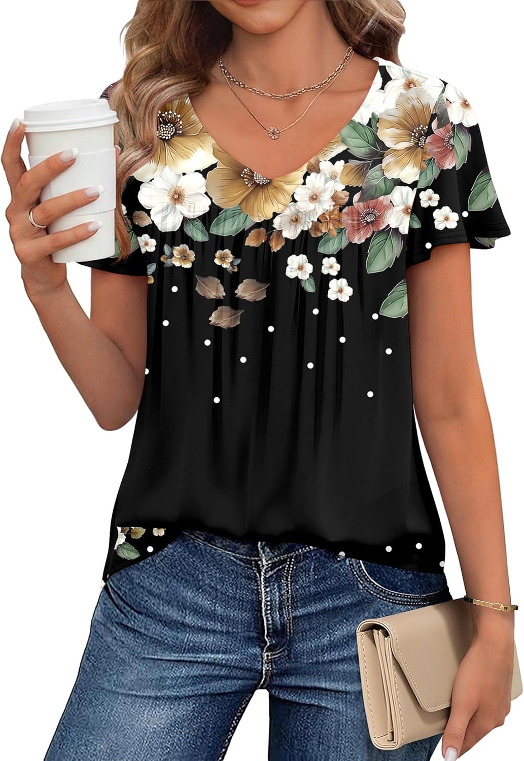 Zeagoo Women Tops Summer Ruffle Short Sleeve Shirts V Neck T Shirts Pleated Tunic Tops Work Blouses Business Outfits - Image 2