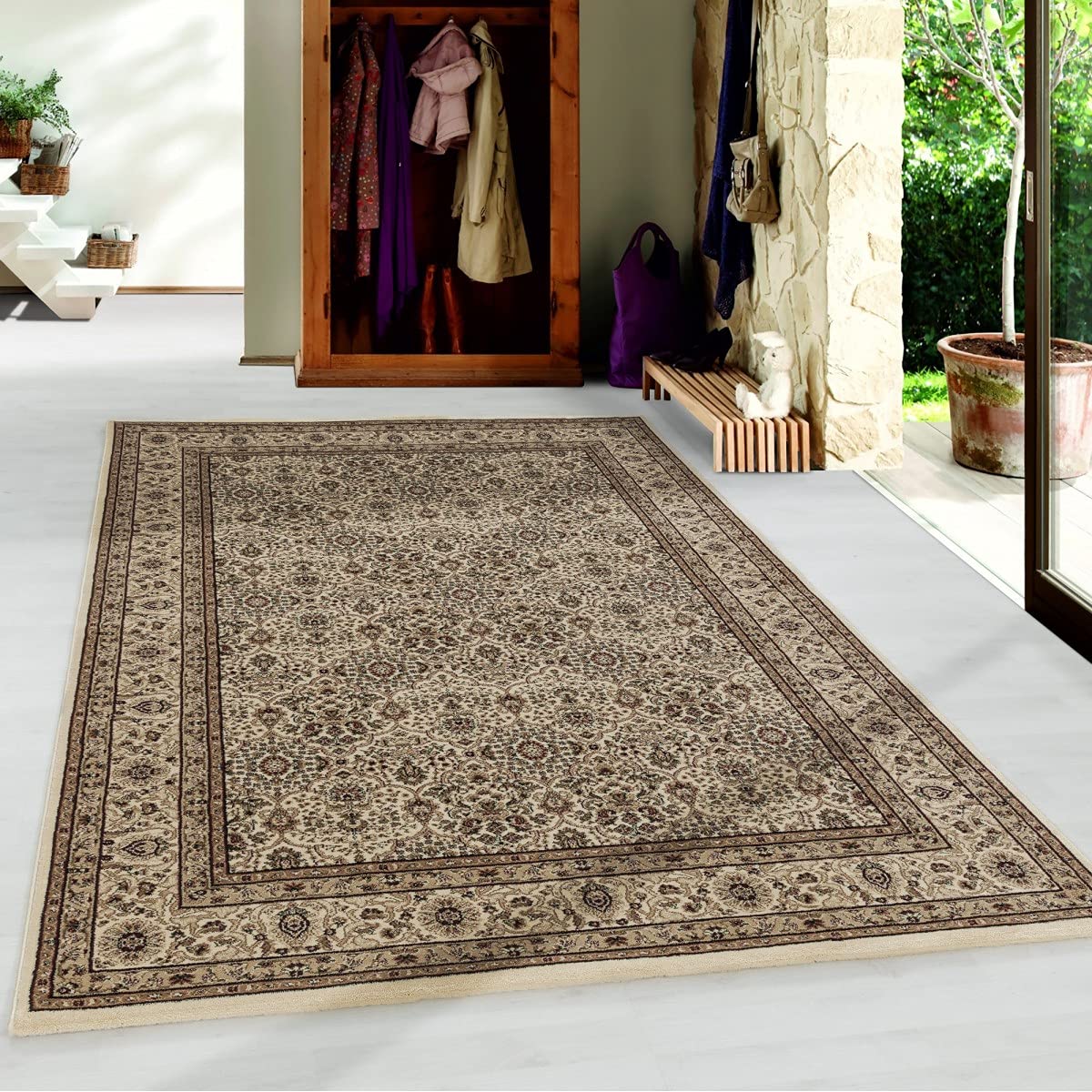 Tapis design oriental classique beige 240 x 340 cm avec de grands ornements