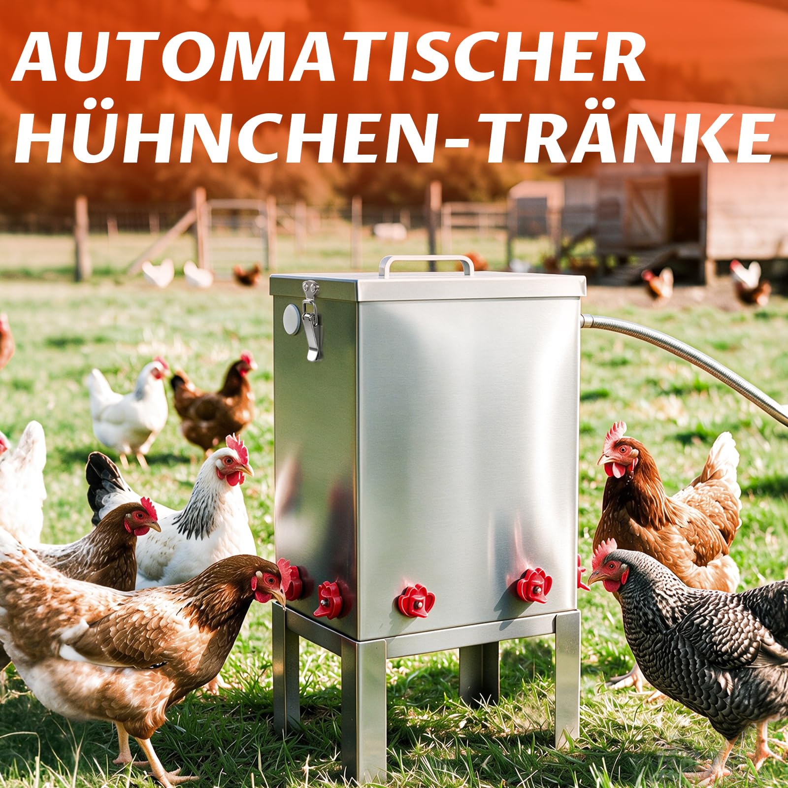 Automatischer Geflügeltränker 11L aus Edelstahl mit Schwimmerventil | Hühner-Tränkeautomat mit Wassernäpfen, stabiler Bodenhalterung und Anschluss-Schlauch, Tränker für Hühner, Wachteln, Ente