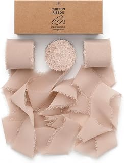 Vitalizart Nude Ribbon Chiffon Silk Ribbon 1.5" x 7Yd Handmade Fringe Ribbon for Gift Wrapping Wedding Invitations Bridal Shower Bouquets Camel Light Brown