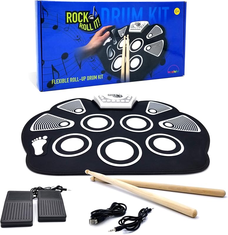 Rock And Roll It – Drum. Juego de tambores portátiles enrollables para niños y adultos. Kit de almohadillas de práctica de tambor para principiantes. Almohadilla de práctica de tambor de silicona electrónica | Pedales | Palitos de tambor