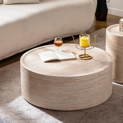 Round Faux Mars Marble Coffee Table Modern 31.5" Drum Center Table Faux Travertine Circle Coffee Cocktail Tea Table for Living Room Aparment, No Need Assembly