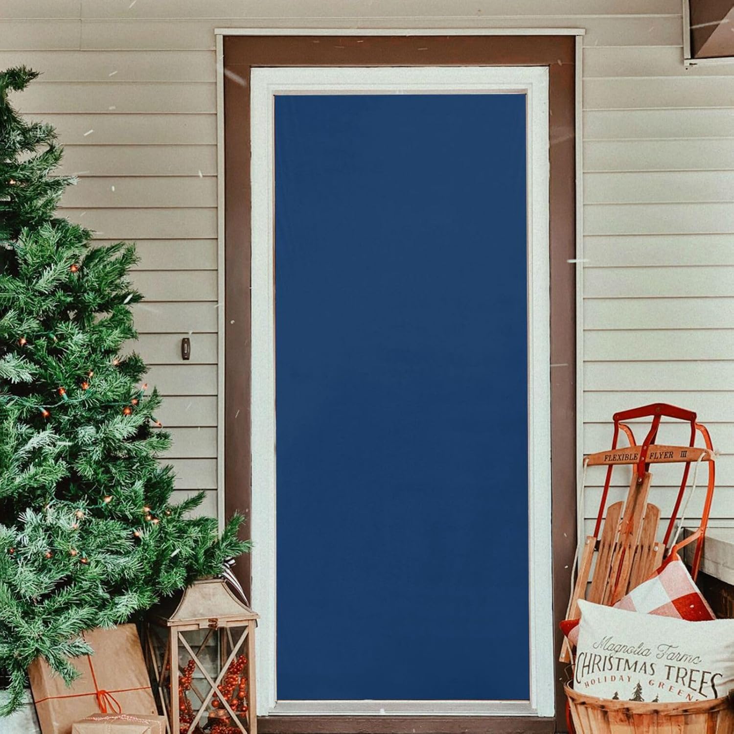 Qilmy Dark Blue Solid Color Door Cover Washable High Elastic Fabric Waterproof Front Festive Door Cover for Home, Indoor Outdoor Party Decoration, 35 x 79 Inch